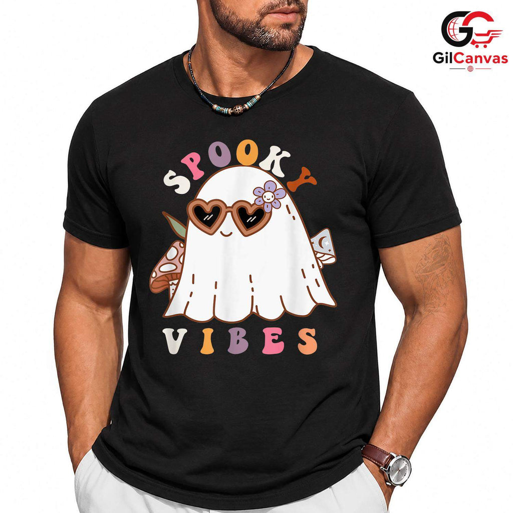 Retro Ghost Spooky Vibes Tee Shirt Unisex Cute Fall Party Costume For Women