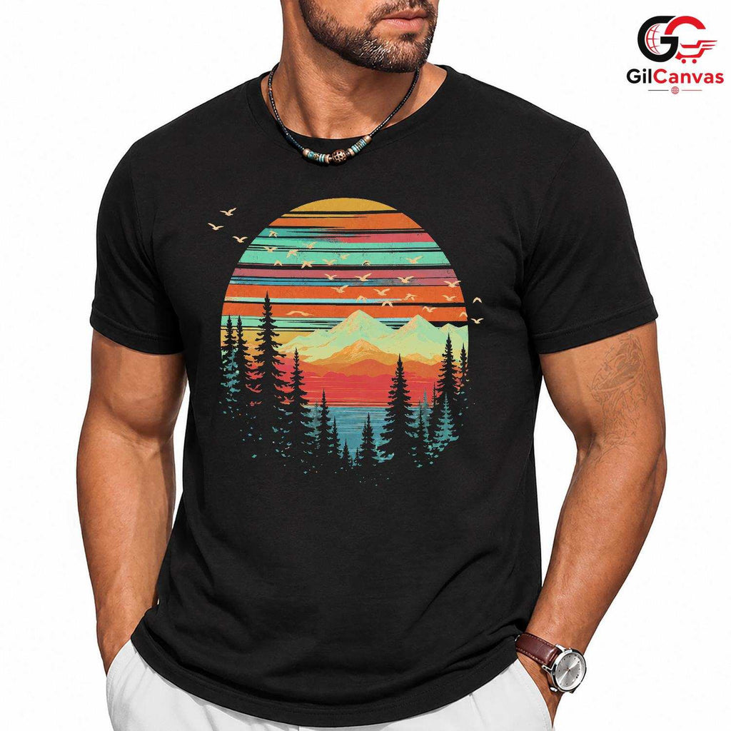 Retro Mountain Lake T-Shirt Sunset Nature Hiking Unisex Outdoor Camping Apparel