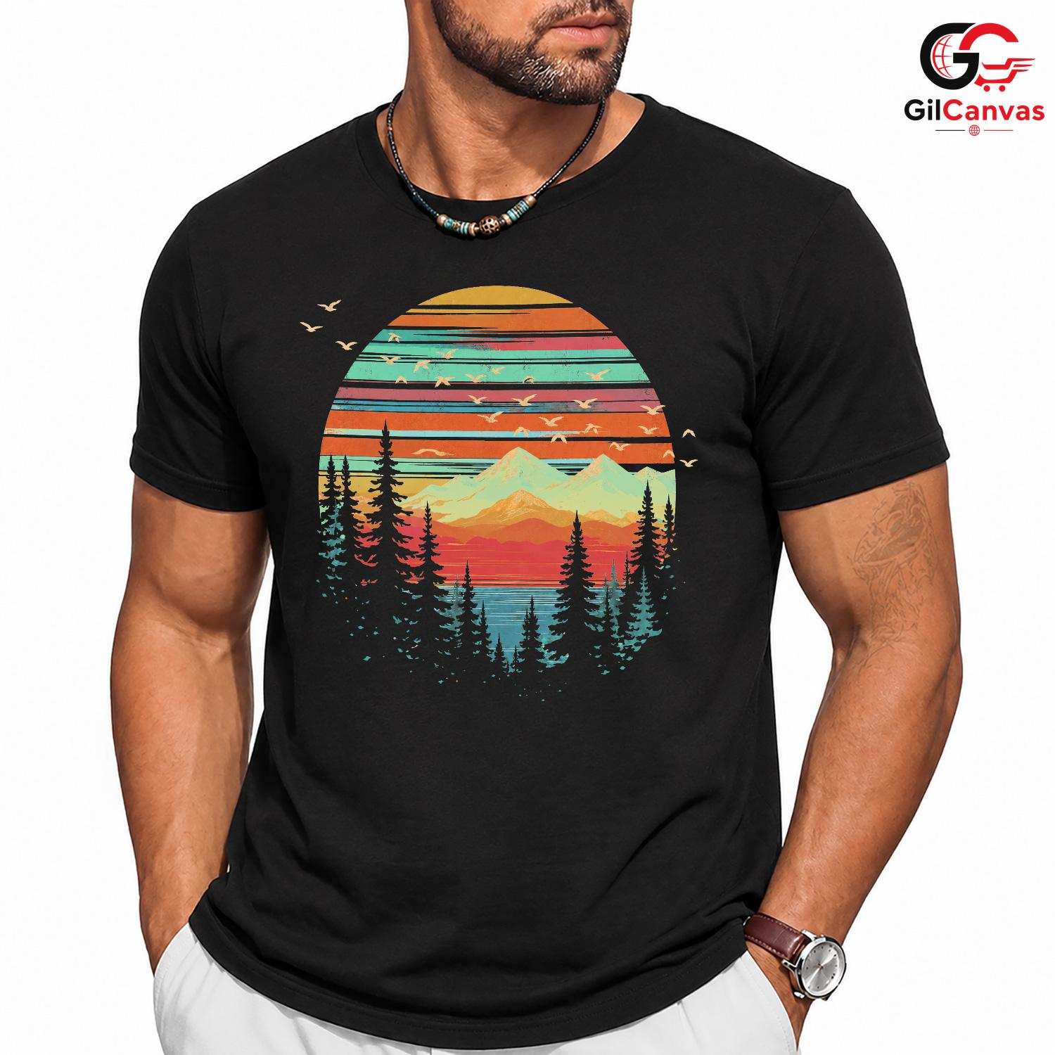 Retro Mountain Lake T-Shirt Sunset Nature Hiking Unisex Outdoor Camping Apparel