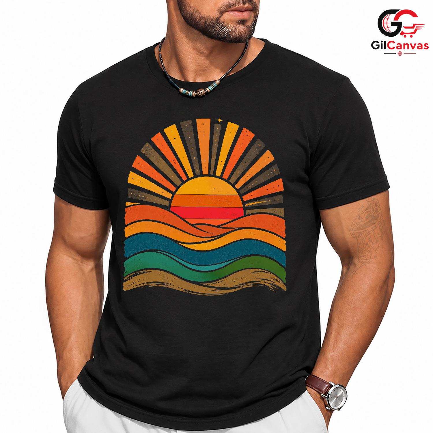 Retro Summer Sunset Graphic T-Shirt Beach Vacation Unisex Casual Apparel Tee