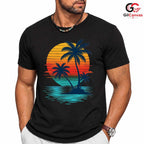 Retro Sunset Palm Tree T-Shirt Island Beach Vacation Unisex Ocean Holiday Tee