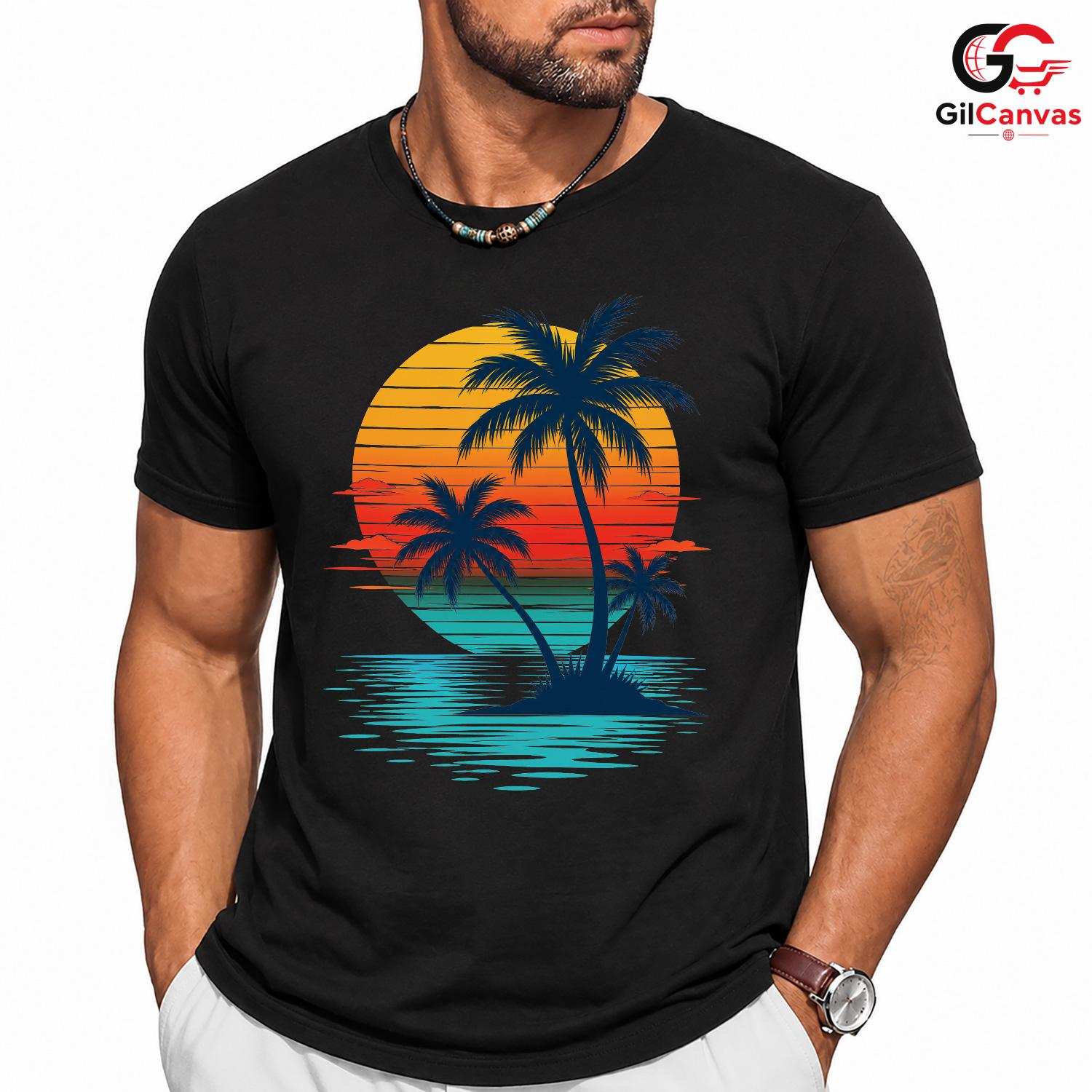 Retro Sunset Palm Tree T-Shirt Island Beach Vacation Unisex Ocean Holiday Tee