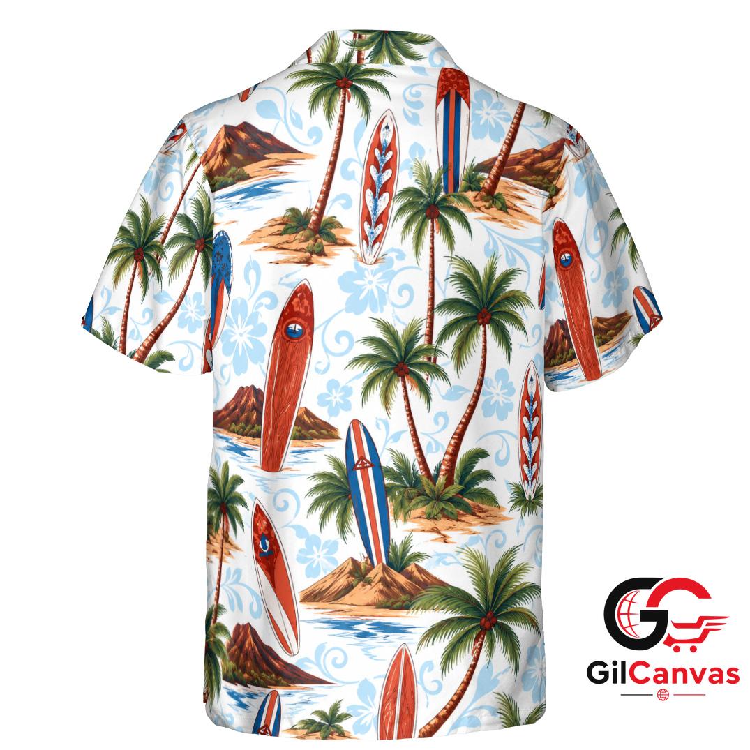 Retro Surfboard Hawaiian Shirt For Men Summer Vacations Tropical Paradise Fit