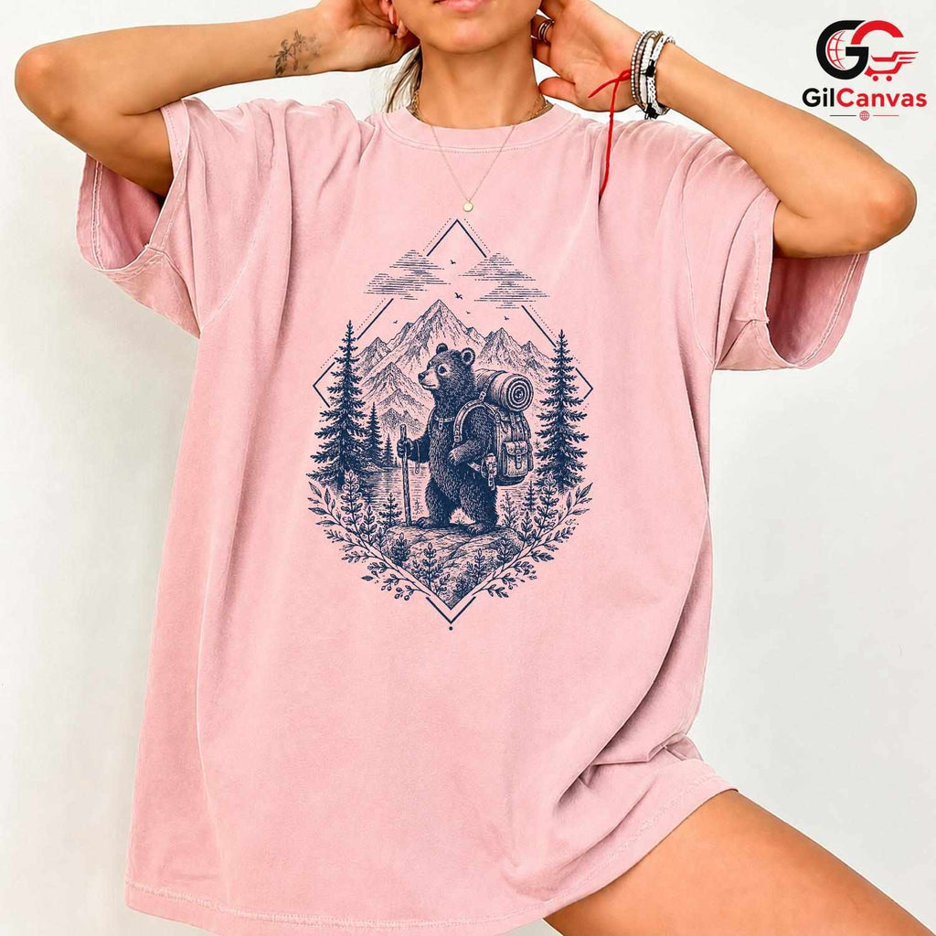 Rustic Bear Hiking Adventure T-Shirt Mountain Forest Art Unisex Graphic Apparel