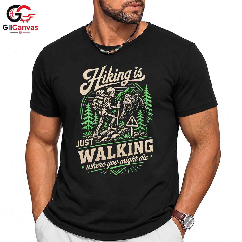 Skeleton Bear Hiking T-Shirt Men Women Outdoor Adventure Trail Hiker Graphic Shirt
