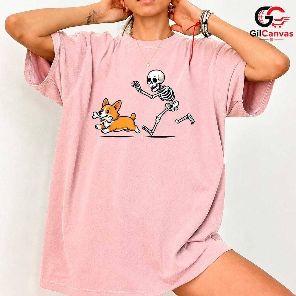 Skeleton Chasing Corgi Dog T-Shirt Unisex Funny Spooky Pet Owner Bone Gift