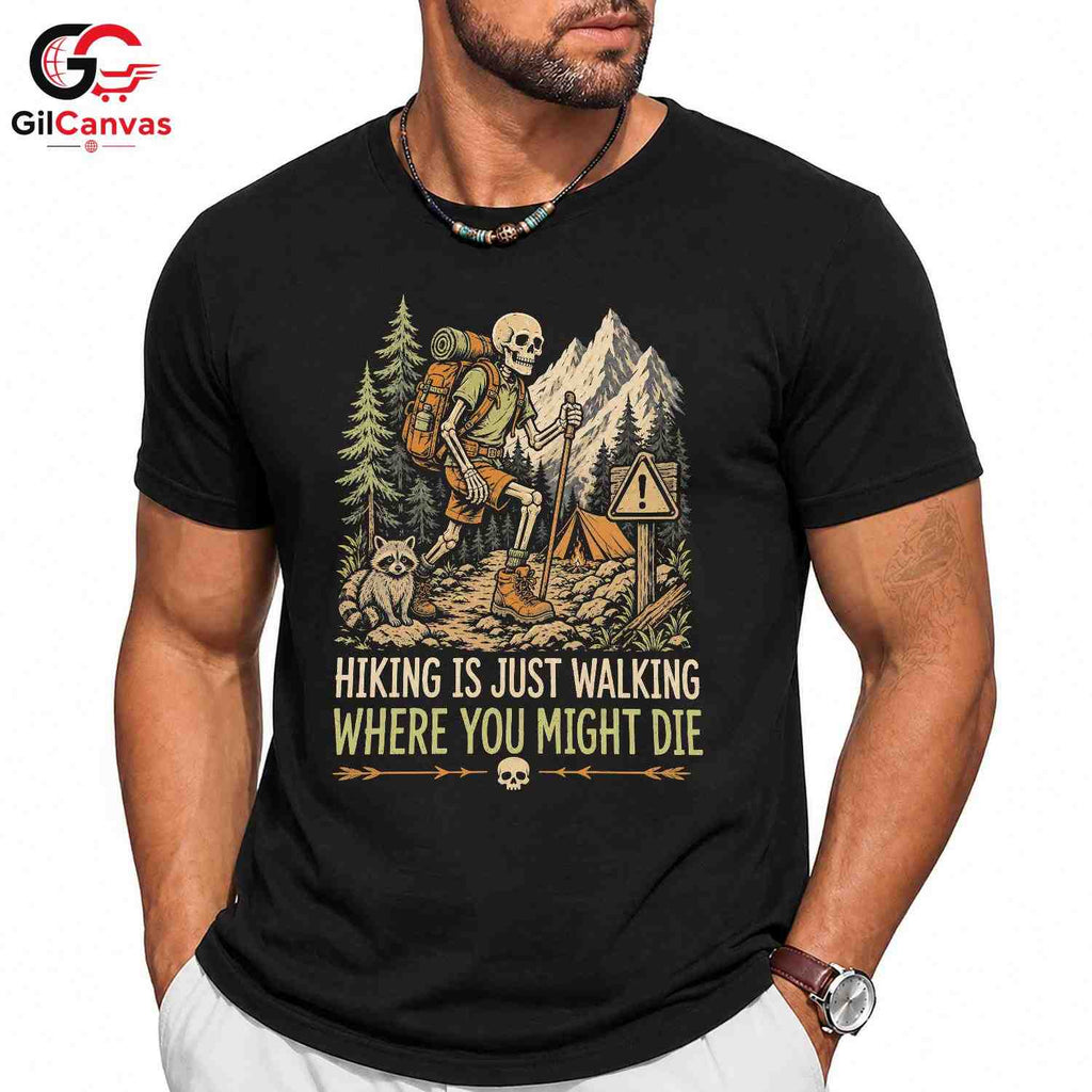 Skeleton Hiking T-Shirt Spooky Adventure Halloween Campers Unisex Graphic Tee