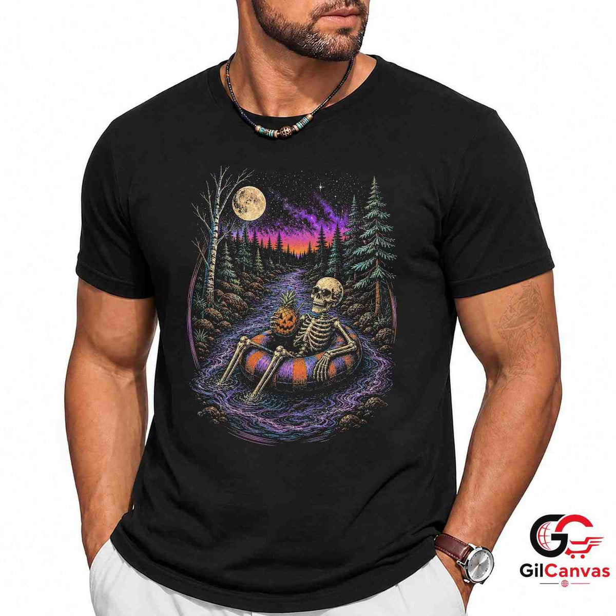 Skeleton Pineapple Float T-Shirt Spooky River Halloween Unisex Graphic Apparel