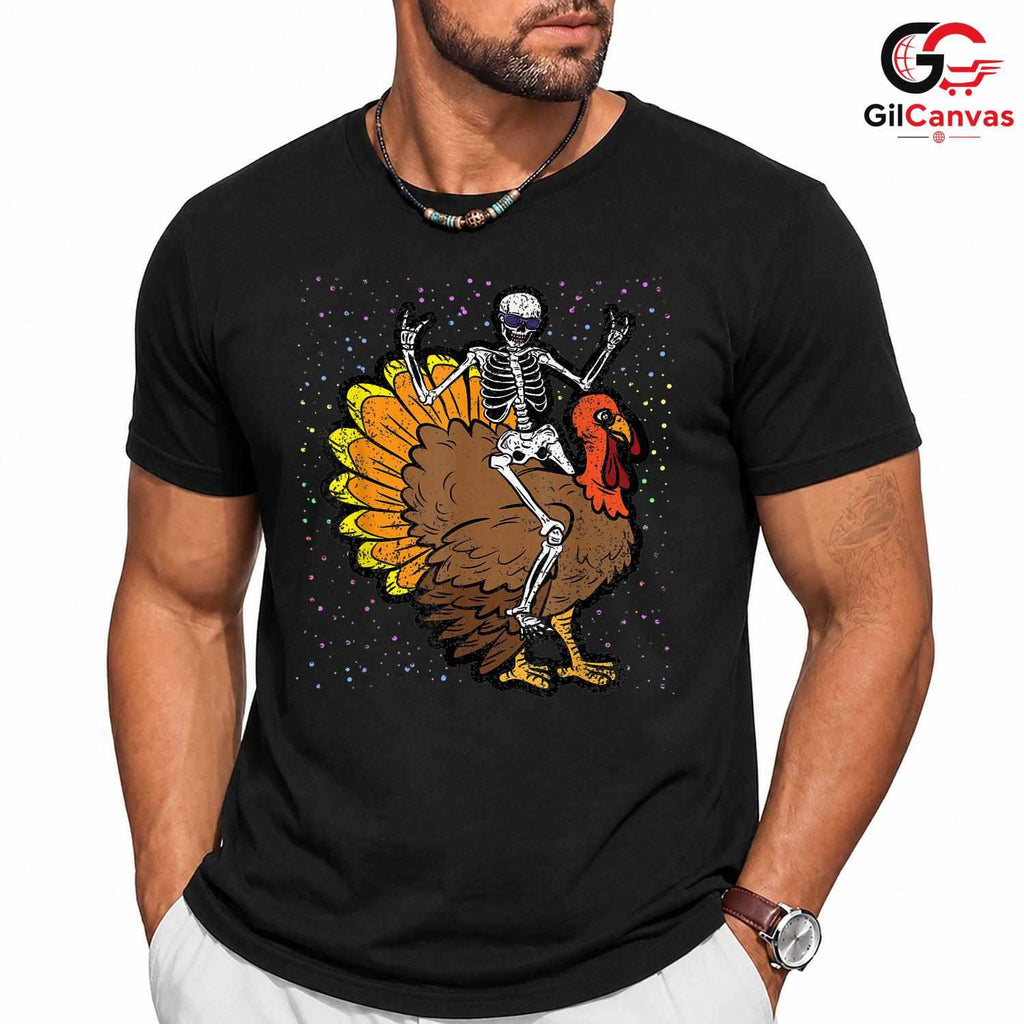 Skeleton Riding Turkey T-Shirt Unisex Funny Thanksgiving Holiday Gift Adult