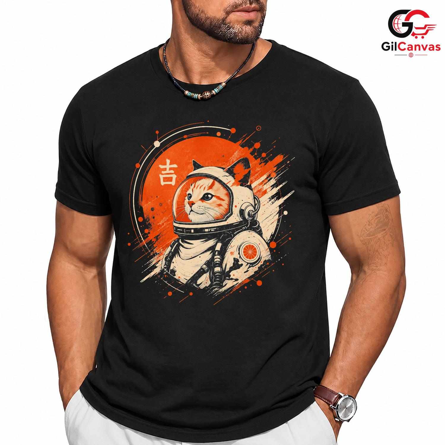 Space Astronaut Cat T-Shirt Unisex Cool Graphic Funny Feline Lover Design Tee