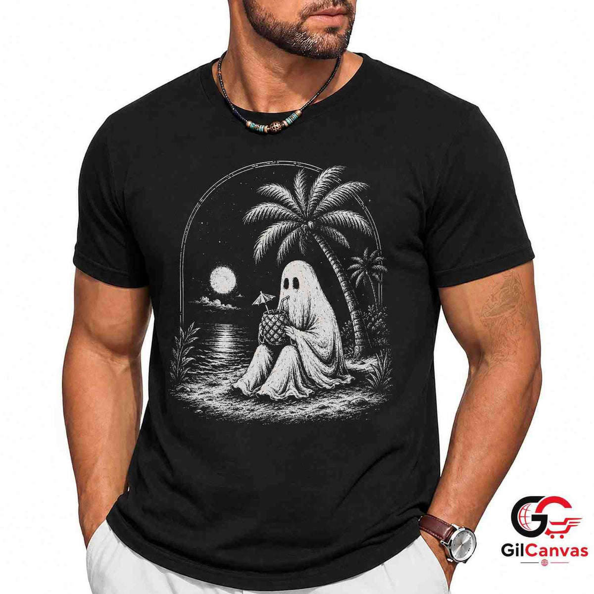 Spooky Beach Vacation Ghost T-Shirt Tropical Halloween Unisex Graphic Apparel Tee