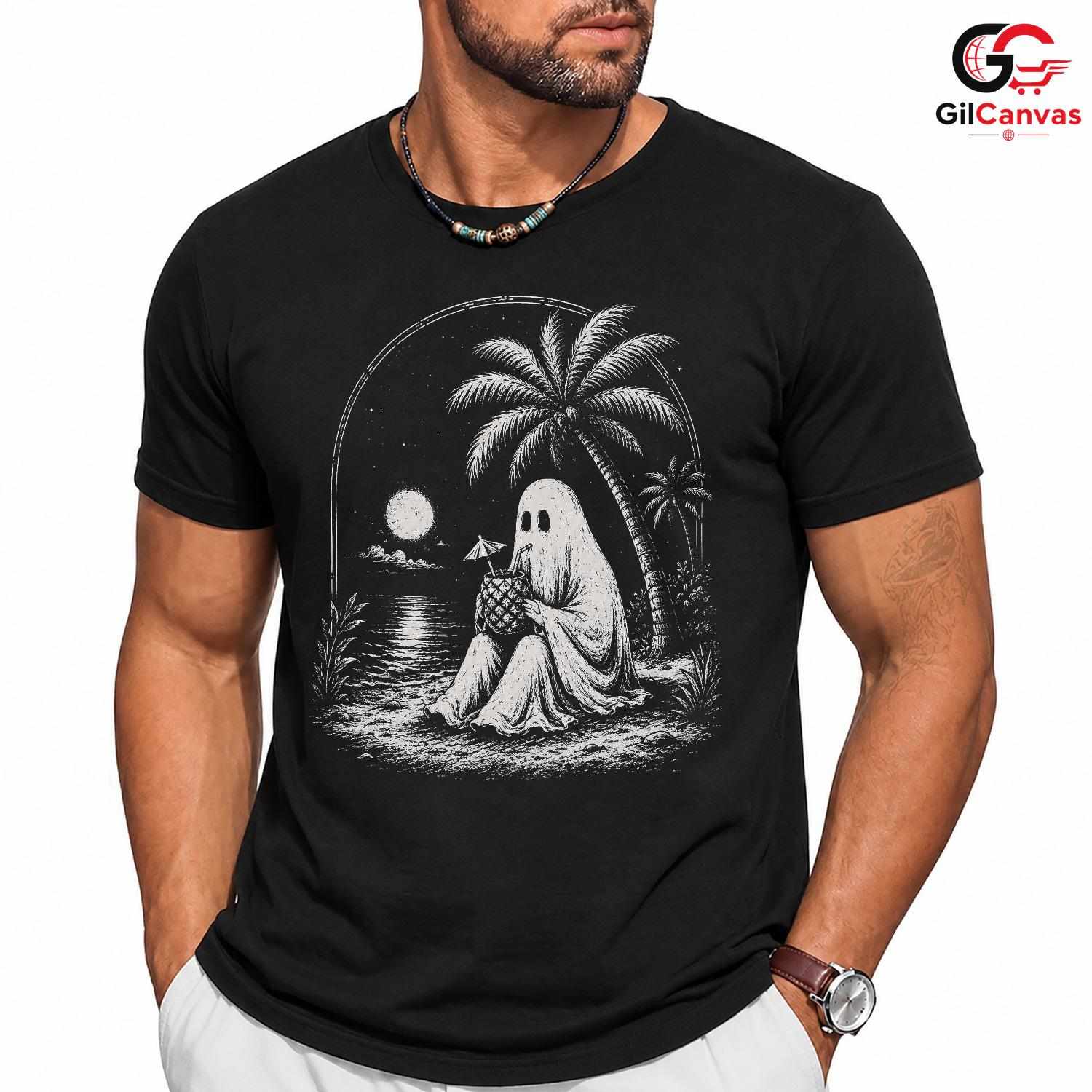 Spooky Beach Vacation Ghost T-Shirt Tropical Halloween Unisex Graphic Apparel Tee