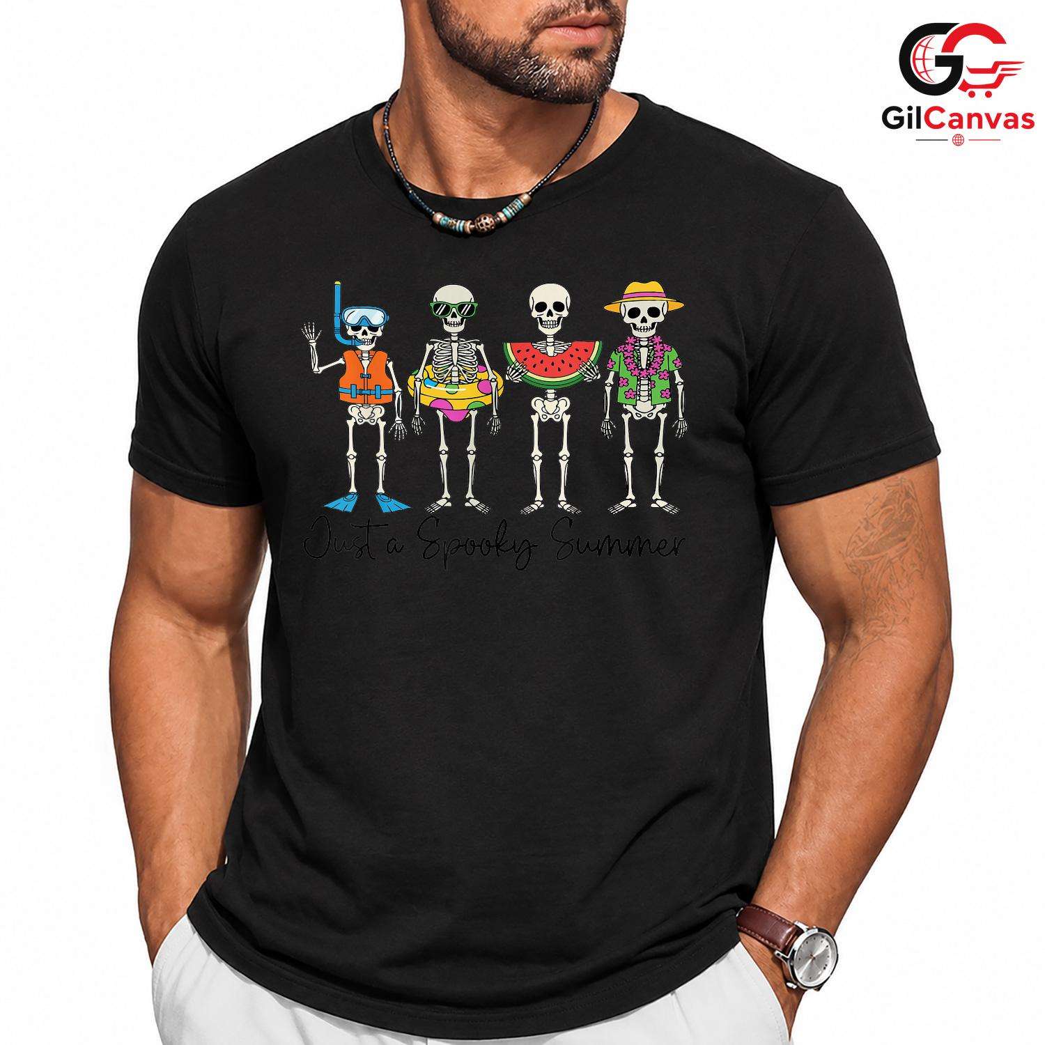 Spooky Summer Skeletons Tee Shirt Unisex Funny Tropical Beach Vacation Gift
