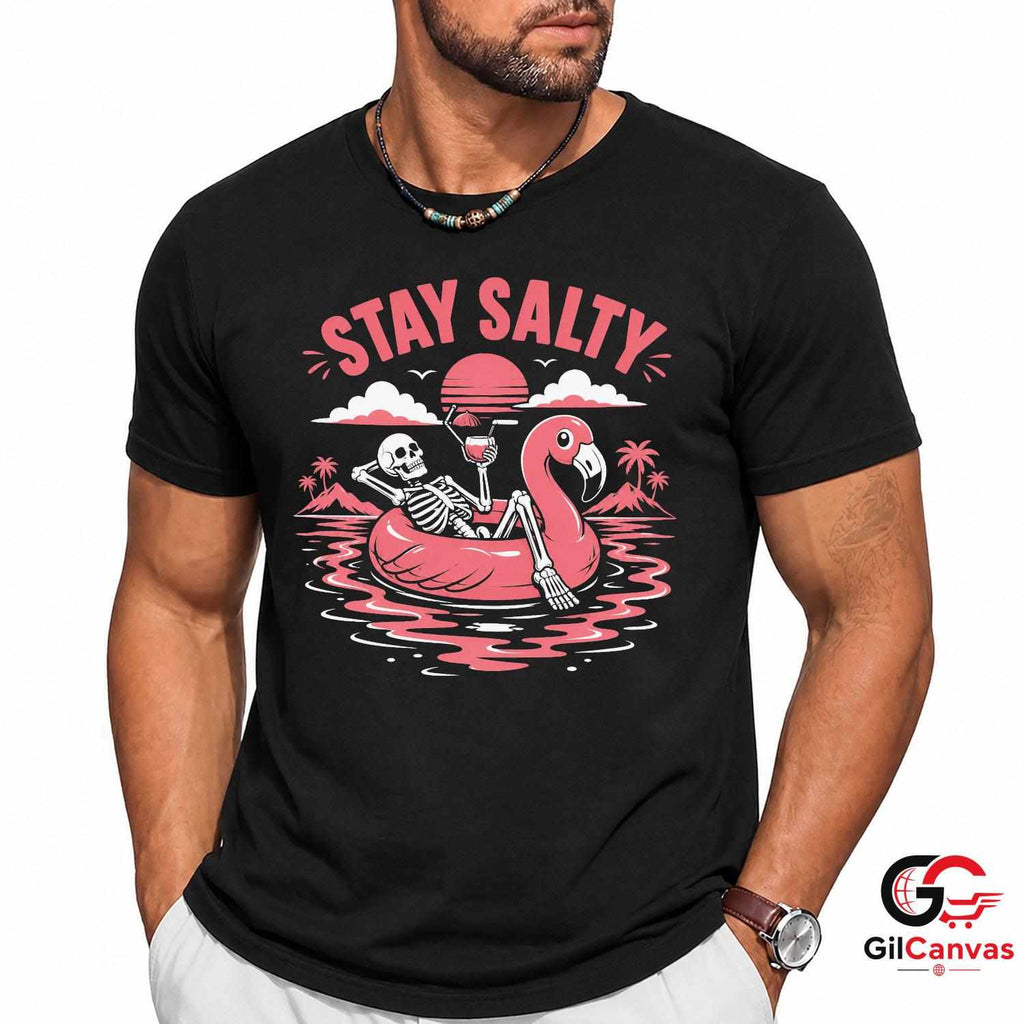 Stay Salty Skeleton Flamingo T-Shirt Tropical Summer Beach Unisex Graphic Apparel