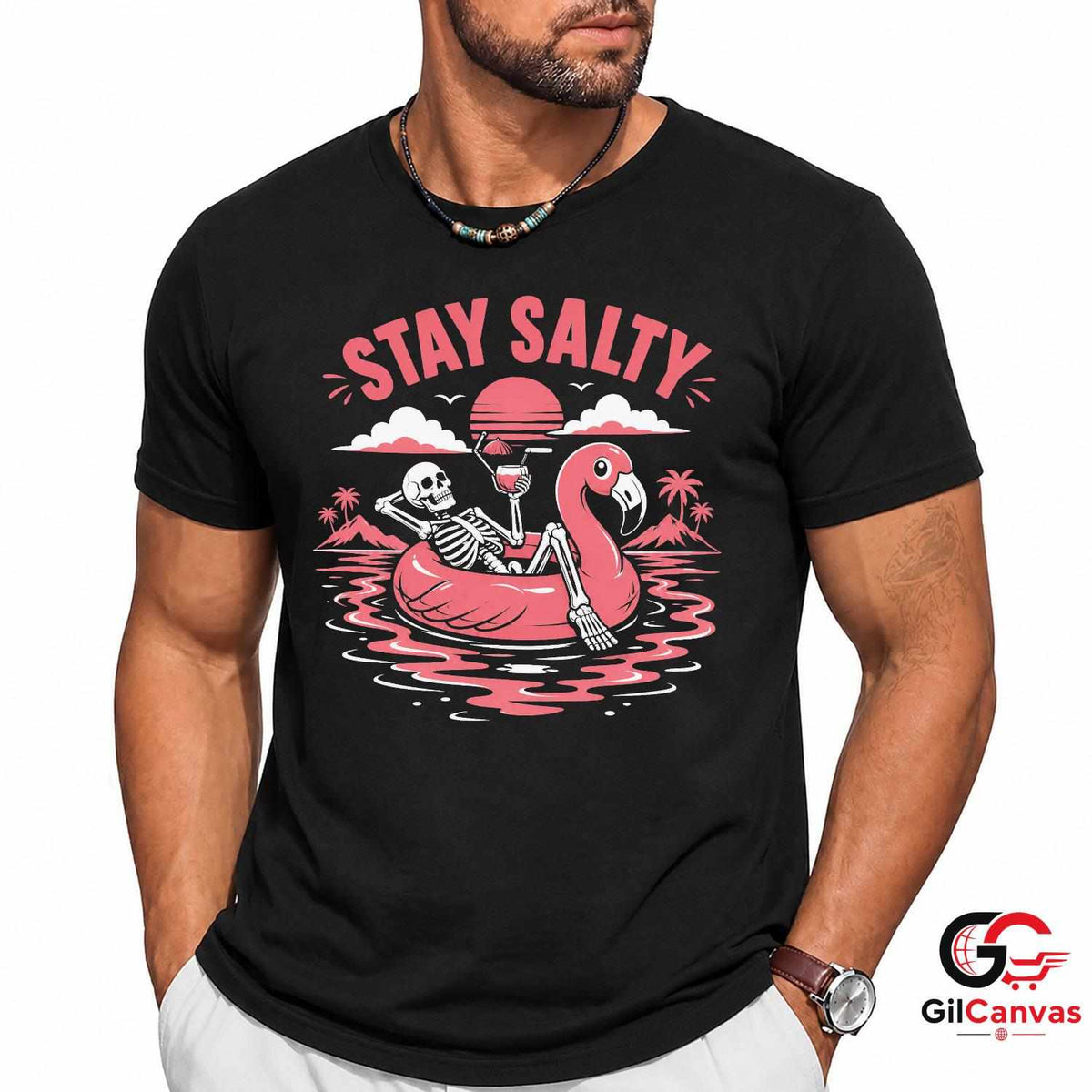 Stay Salty Skeleton Flamingo T-Shirt Tropical Summer Beach Unisex Graphic Apparel