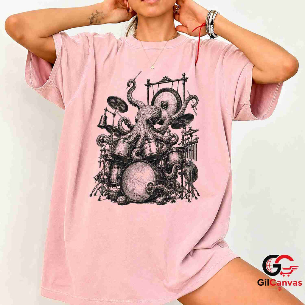 Steampunk Octopus Drum T-Shirt Concert Festival Band Unisex Musician Gift Tee