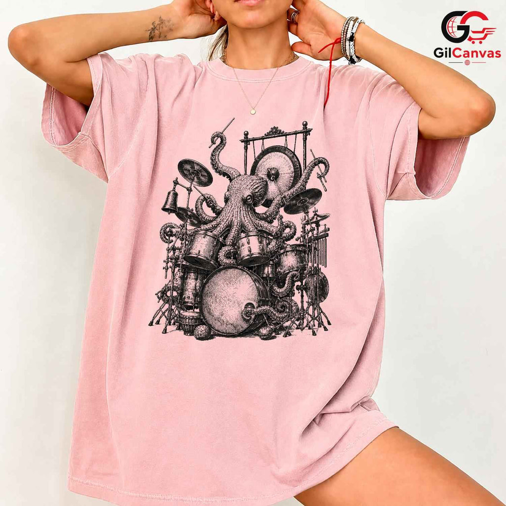 Steampunk Octopus Drum T-Shirt Concert Festival Band Unisex Musician Gift Tee