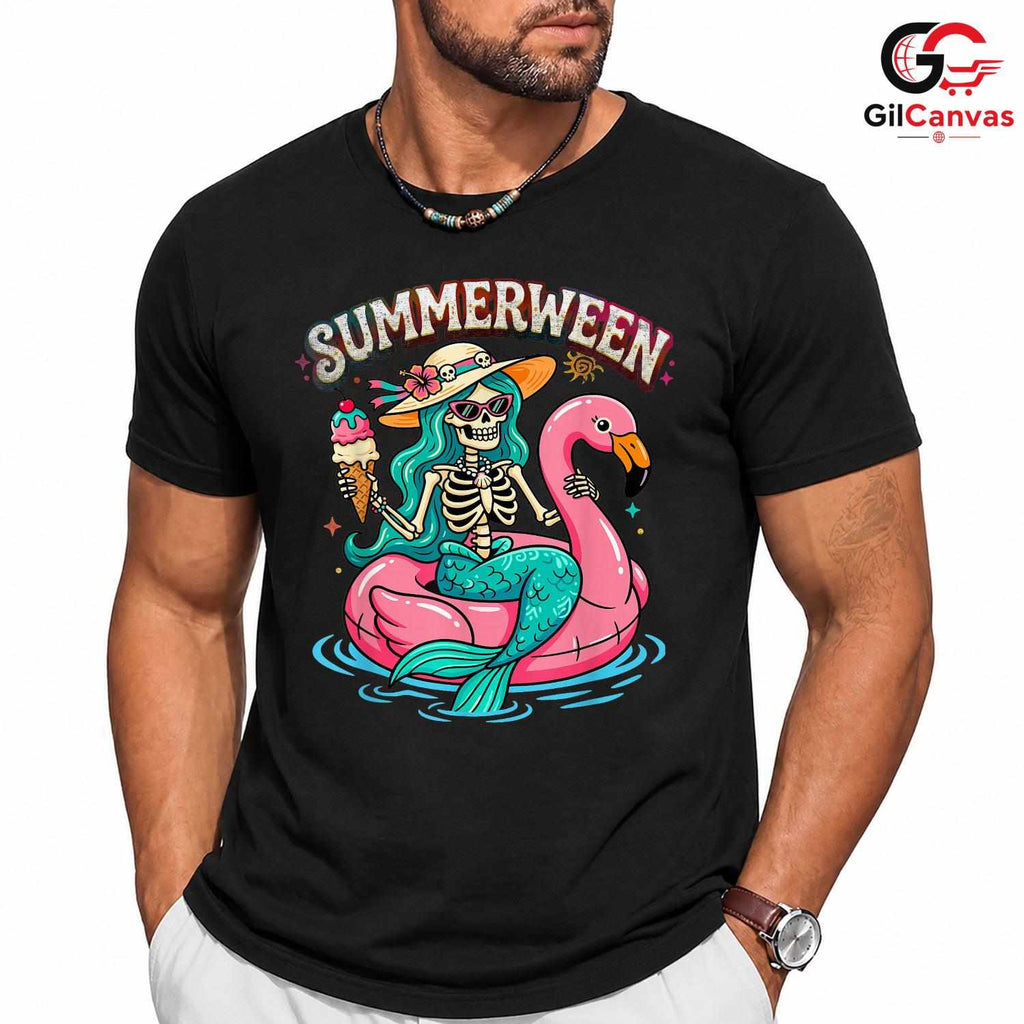 Summer Flamingo Skeleton Shirt Unisex Fun Summerween Vacation Gift All Ages