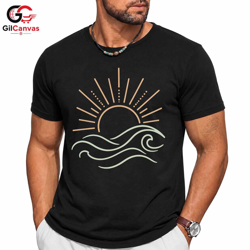 Sunset Waves Beach T-Shirt Summer Fun Vacation Casual Wear Unisex Graphic Tee
