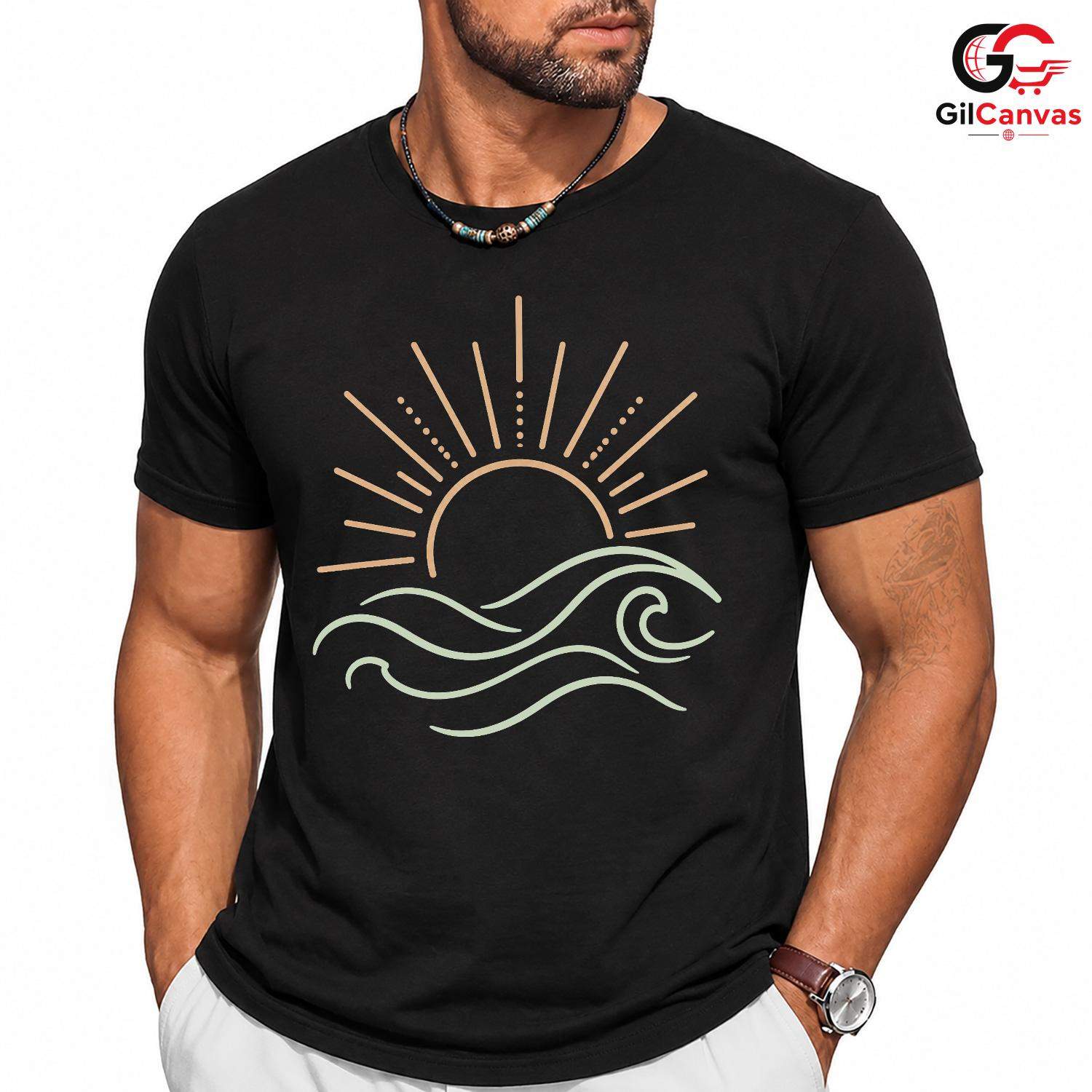 Sunset Waves Beach T-Shirt Summer Fun Vacation Casual Wear Unisex Graphic Tee