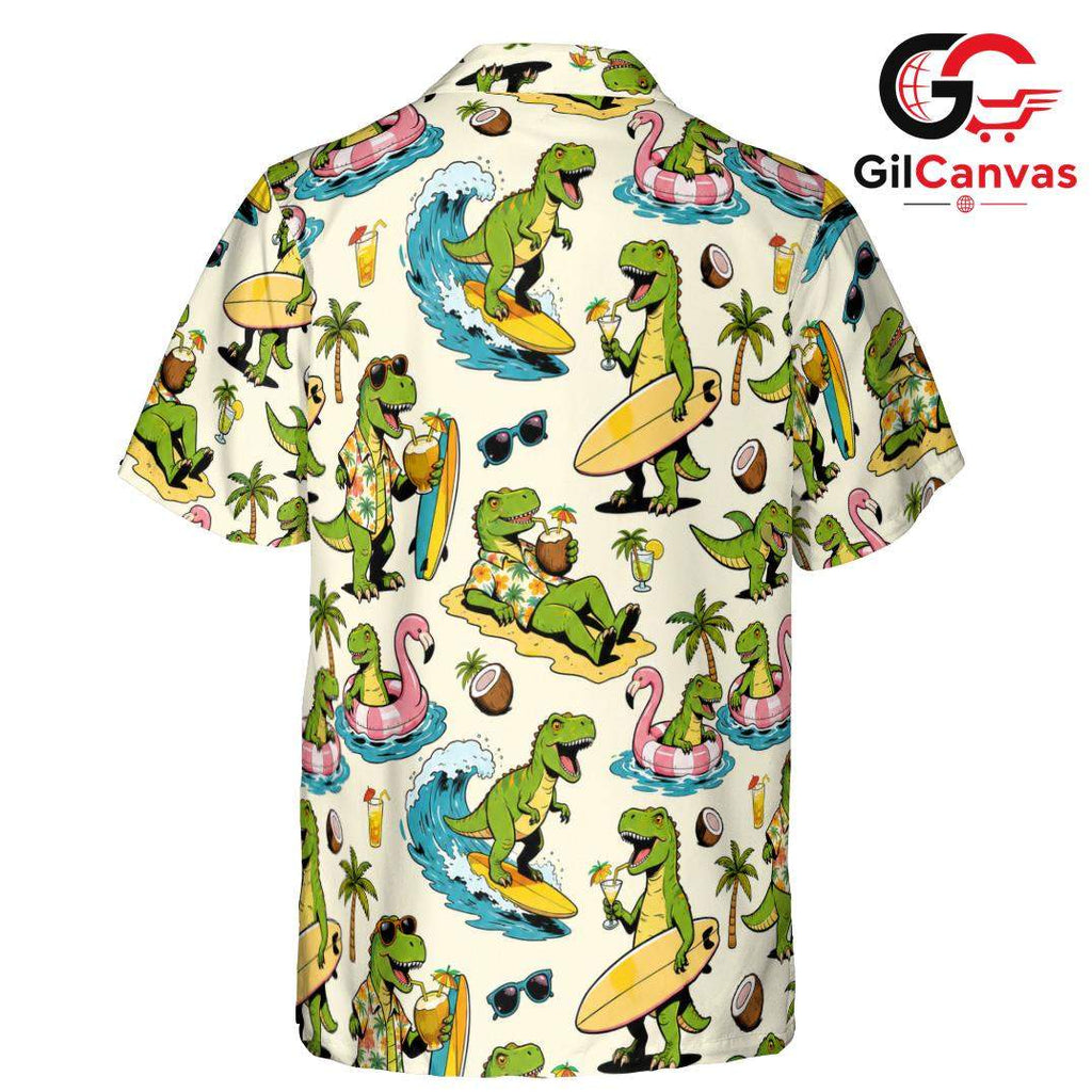 Surfing Dinosaur Hawaiian Shirt, Tropical Aloha Holiday Unisex Vacation Wear