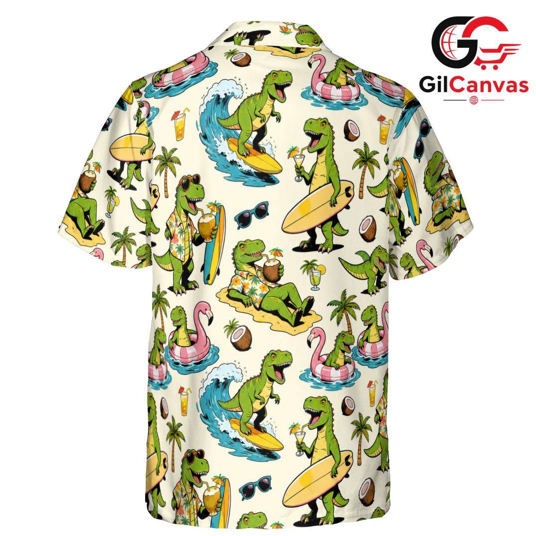 Surfing Dinosaur Hawaiian Shirt, Tropical Aloha Holiday Unisex Vacation Wear