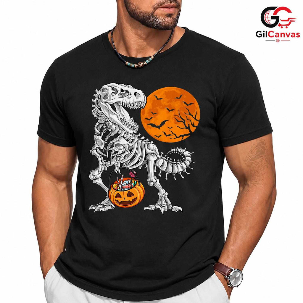 T-Rex Skeleton Pumpkin Tee Shirt Unisex Fun Spooky Halloween Gift Kids Adults
