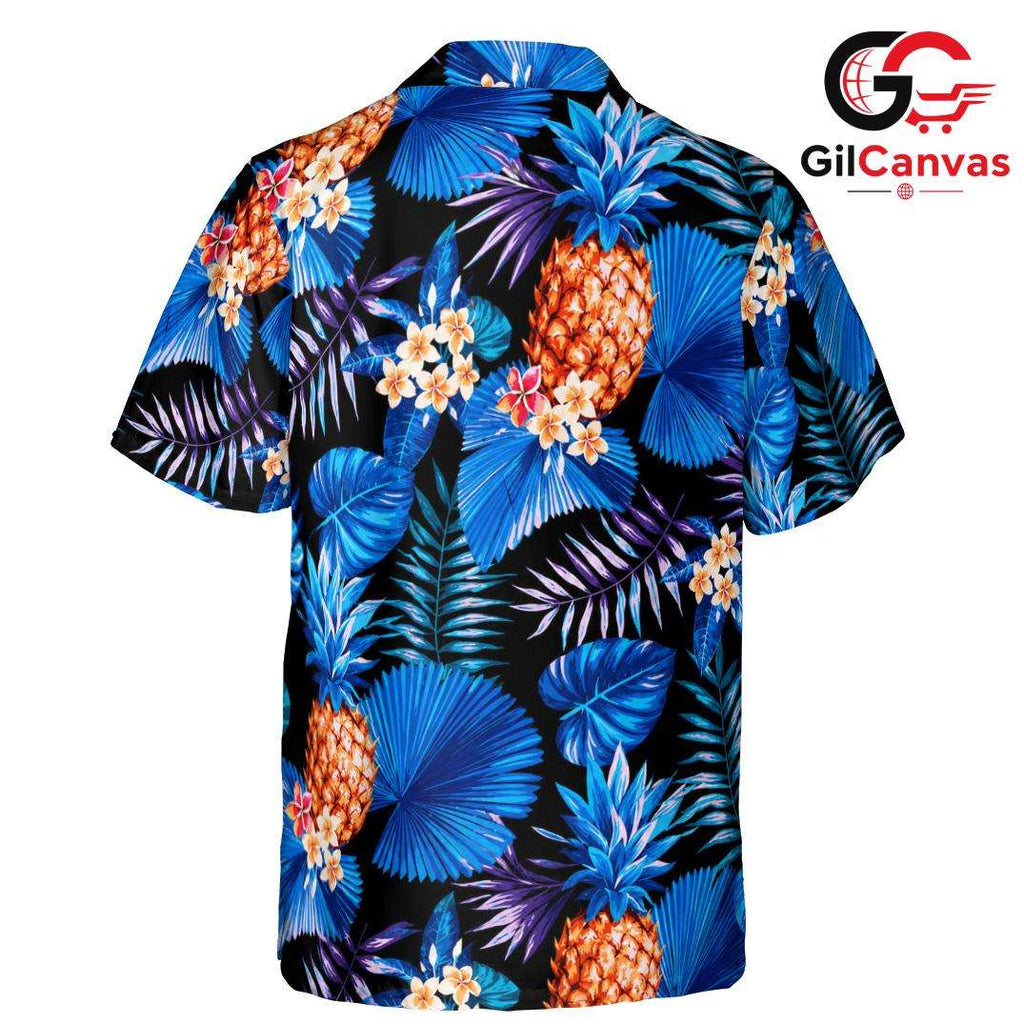 Vibrant Blue Pineapple Shirt Men, Cool Resort Party Wear For Beach Vacations