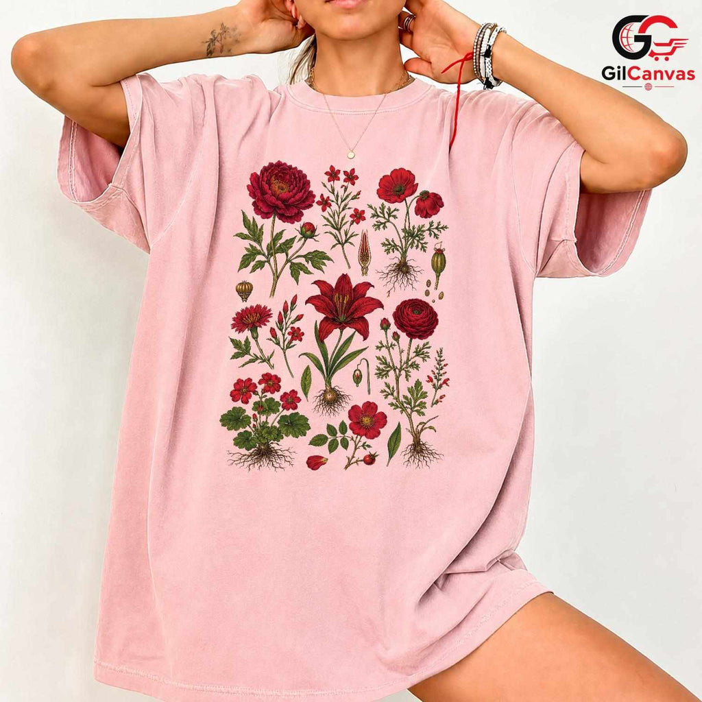 Vintage Red Floral T-Shirt Garden Party Stylish Wear Unisex Casual Apparel