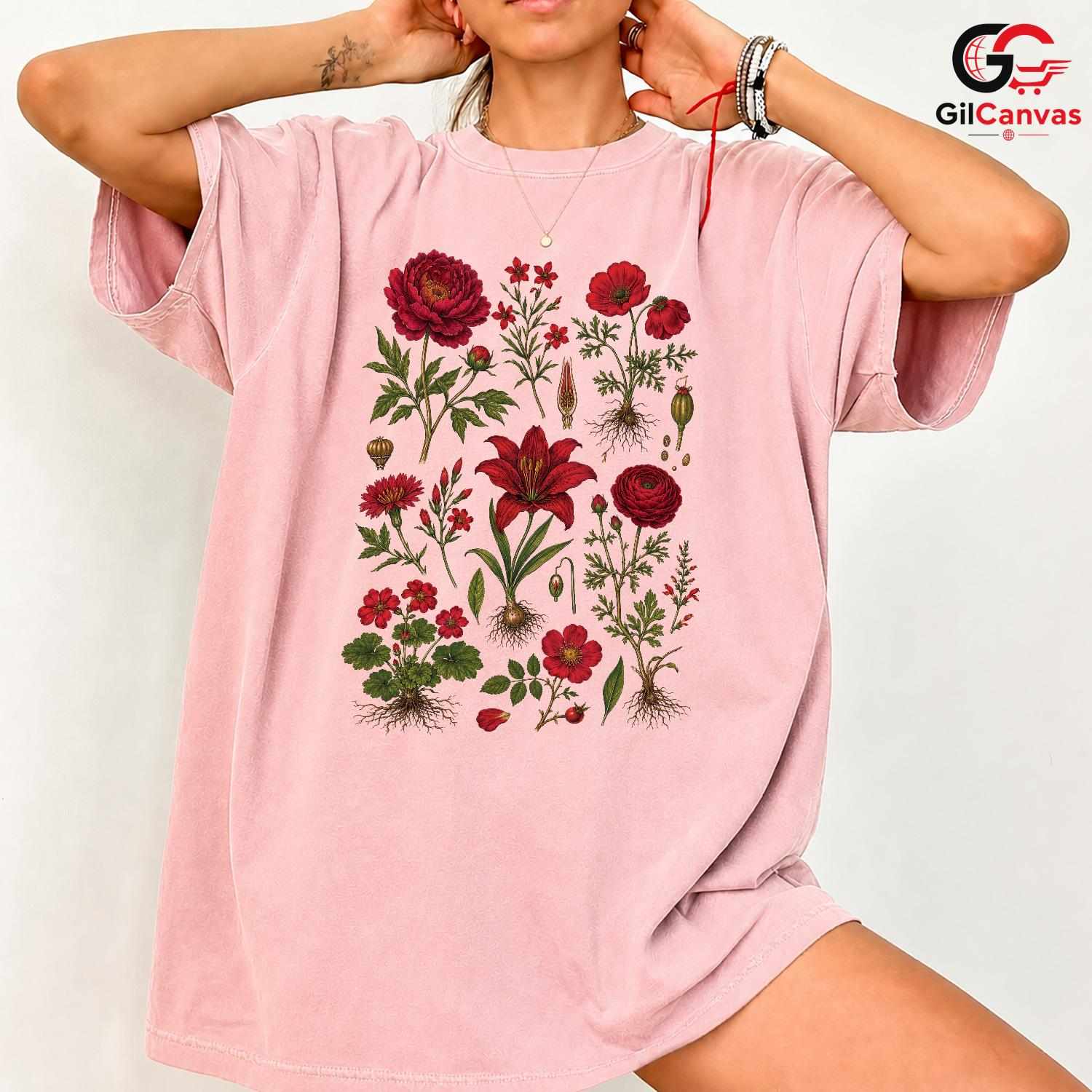 Vintage Red Floral T-Shirt Garden Party Stylish Wear Unisex Casual Apparel