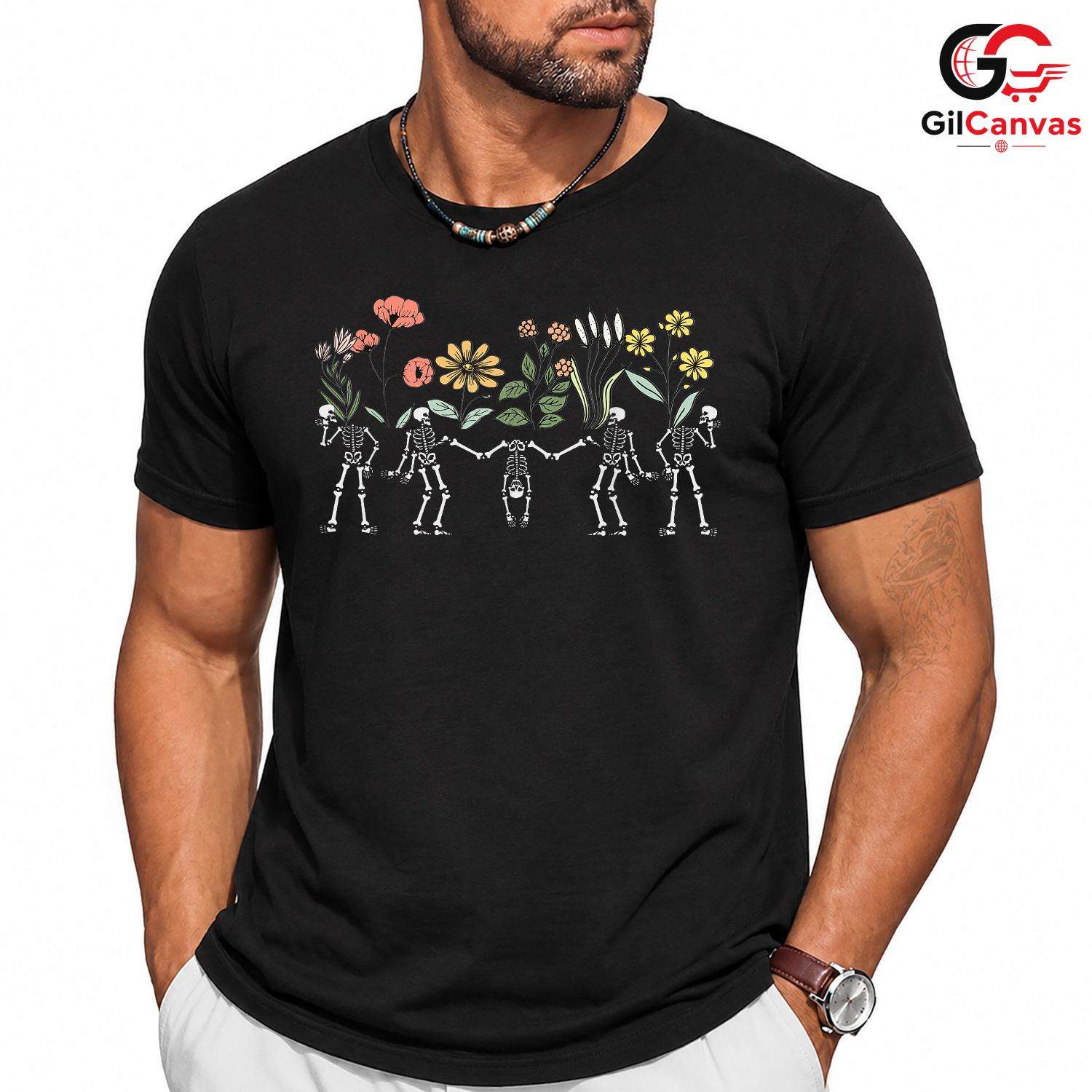 Whimsical Floral Skeleton T-Shirt Unisex Spooky Cute Day Of Dead Boho Gift