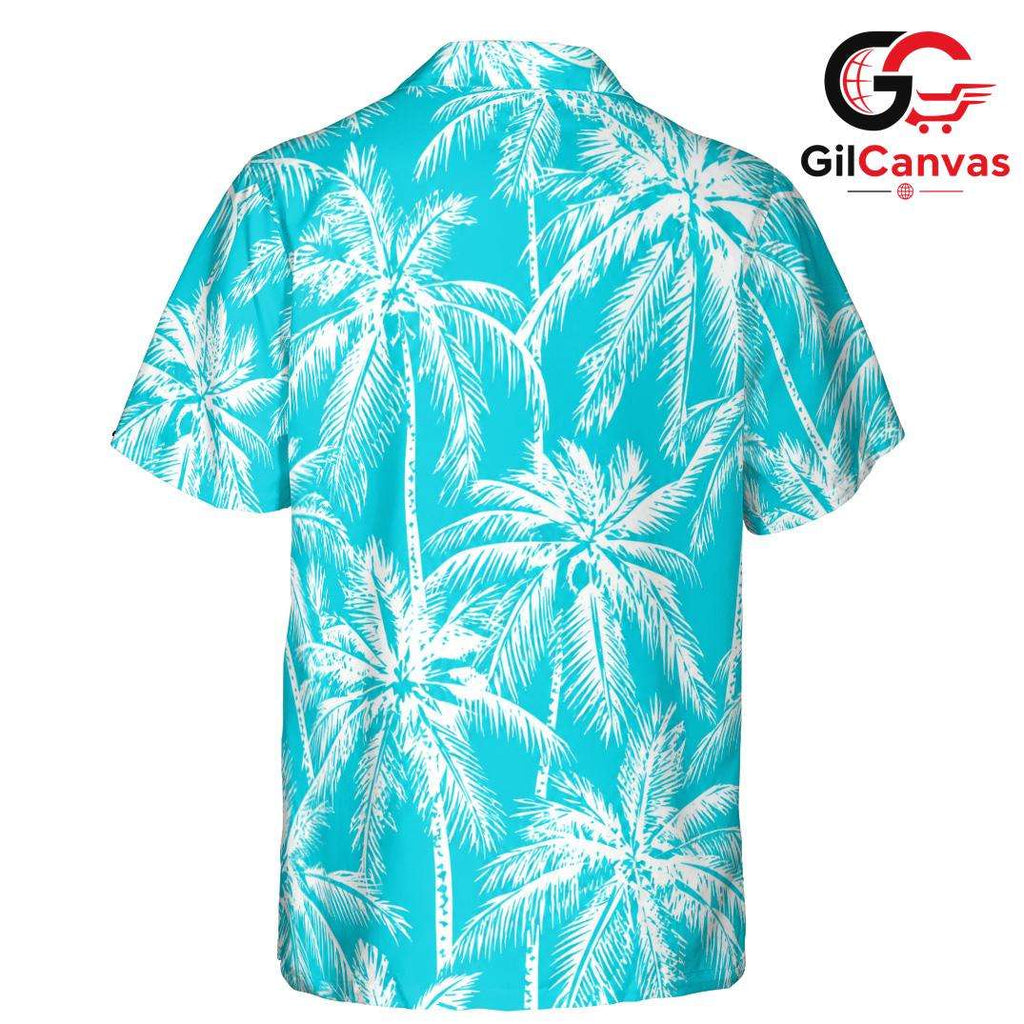 White Palm Print Teal Shirt, Unisex Island Style Resort Wear Summer Vacation