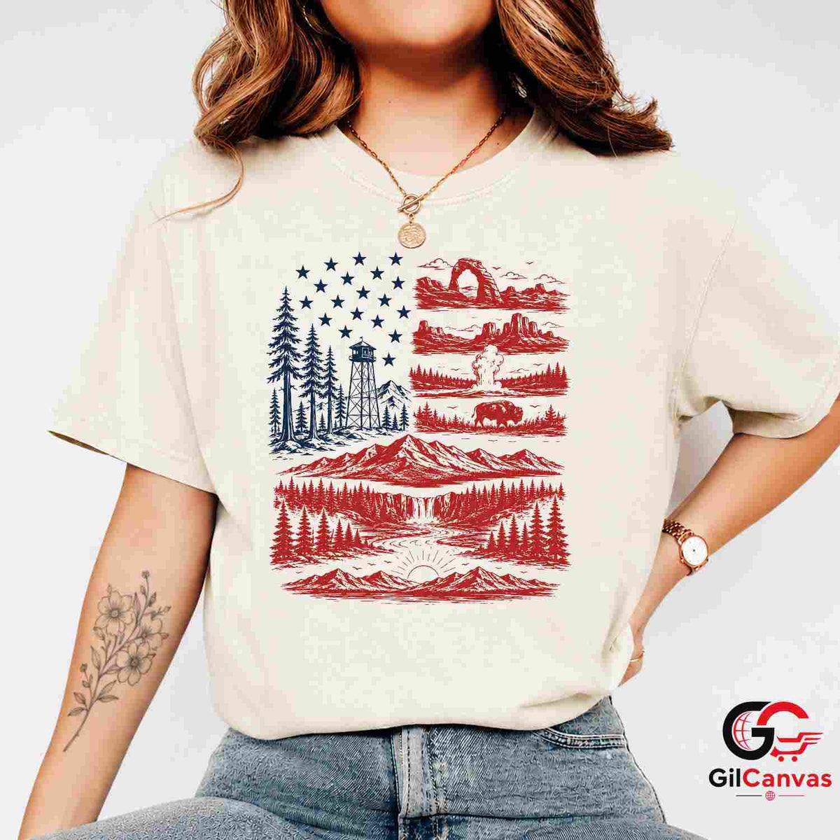 American Flag Nature Park T-Shirt Patriotic Wilderness Unisex Graphic Apparel Tee
