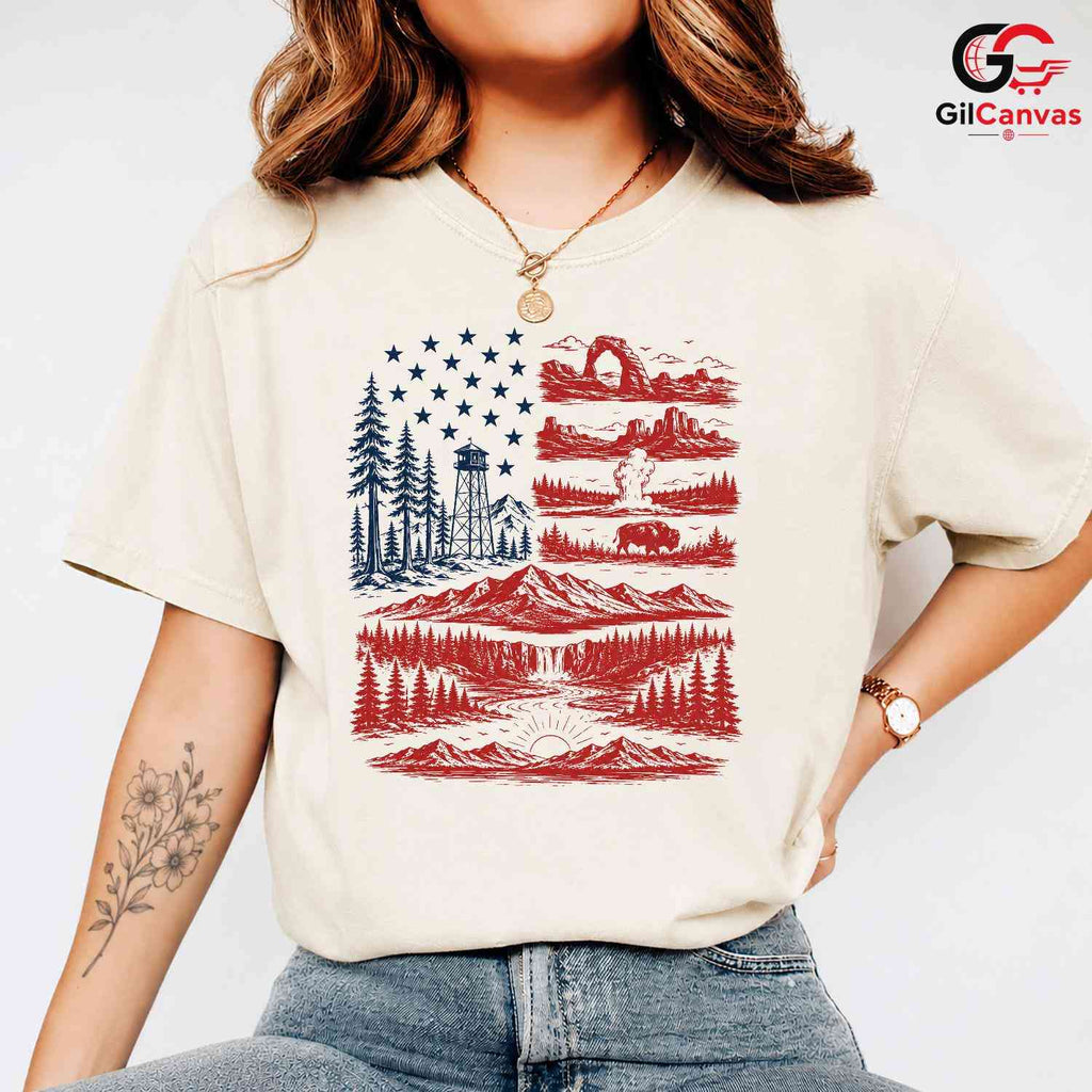 American Flag Nature Park T-Shirt Patriotic Wilderness Unisex Graphic Apparel Tee