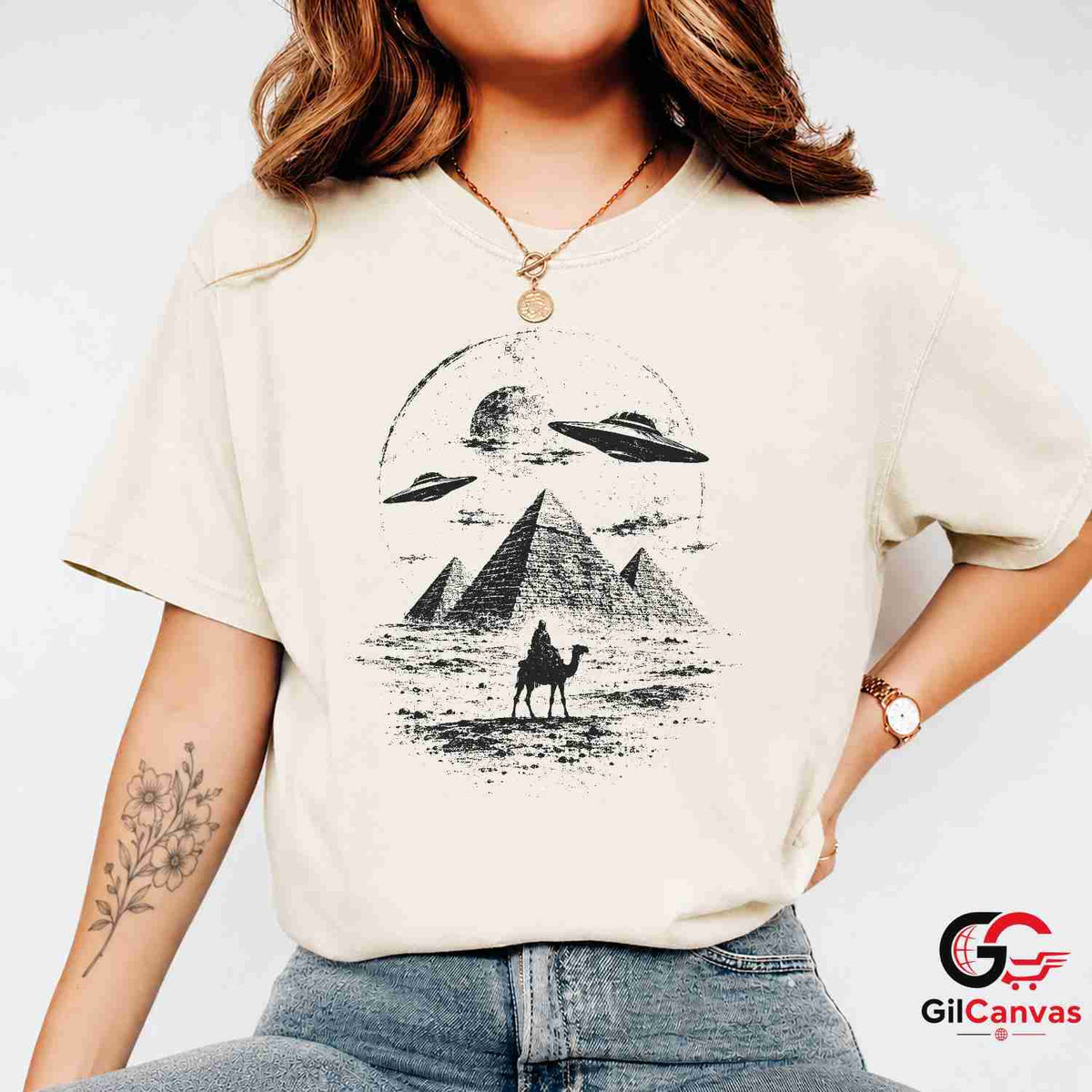 Ancient Alien Pyramid UFO T-Shirt Desert Camel Sci Fi Unisex Graphic Apparel Tee