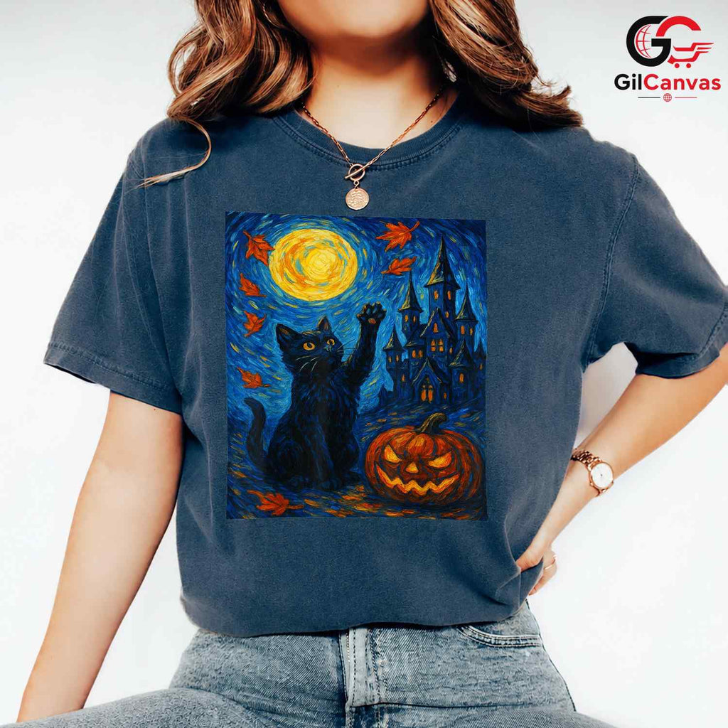 Artistic Starry Haunted Cat T-Shirt Unisex Spooky Full Moon Gift For Kids