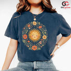 Boho Floral Sun Face T-Shirt Sleeping Summer Solstice Unisex Celestial Nature Tee