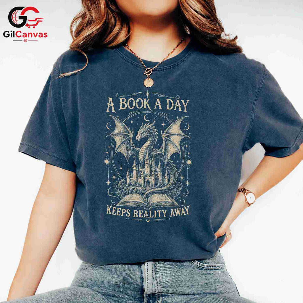 Book A Day Dragon T-Shirt Fantasy Themed Lover Graphic Novelty Unisex Apparel