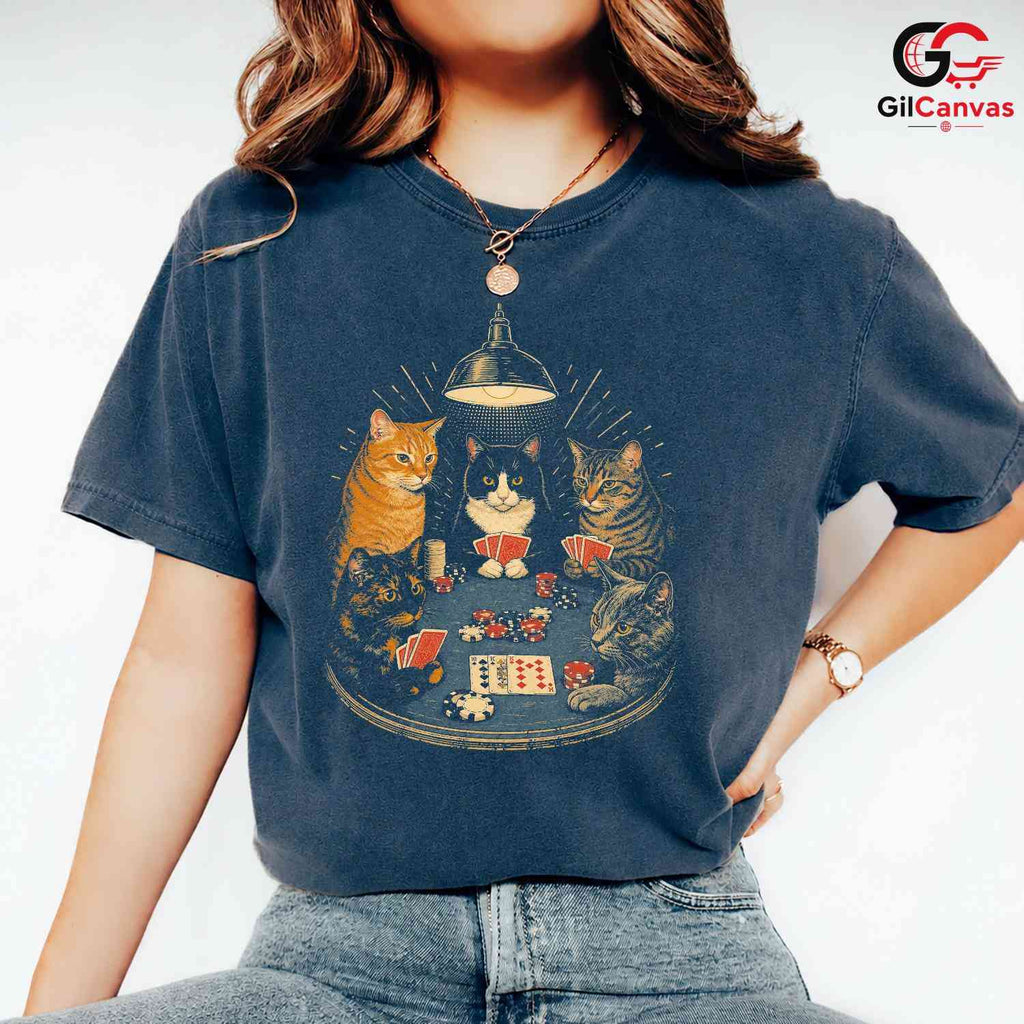 Cats Playing Poker T-Shirt Unisex Humorous Animal Lover Card Graphic Apparel