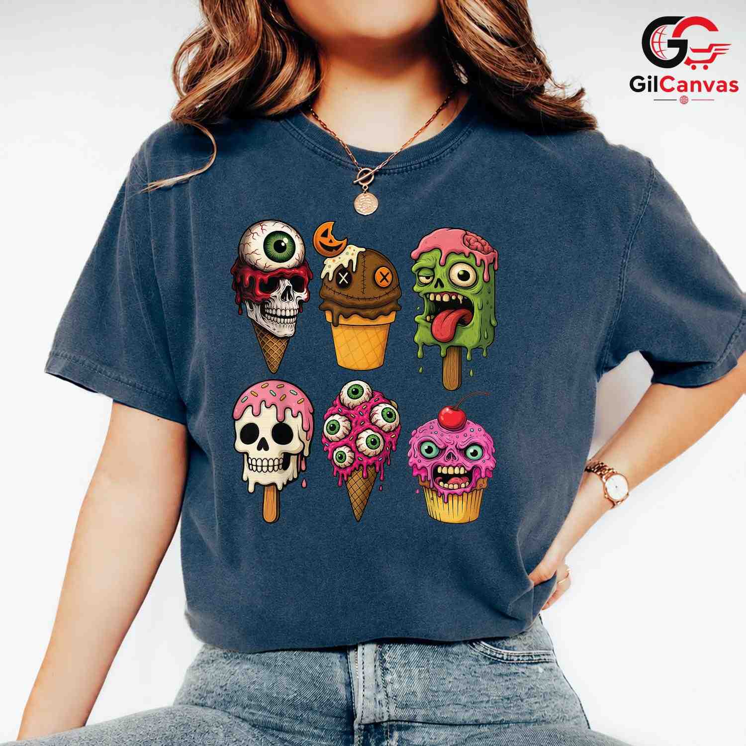 Creepy Ice Cream Skull T-Shirt Unisex Cool Halloween Party Gift Teens Adults