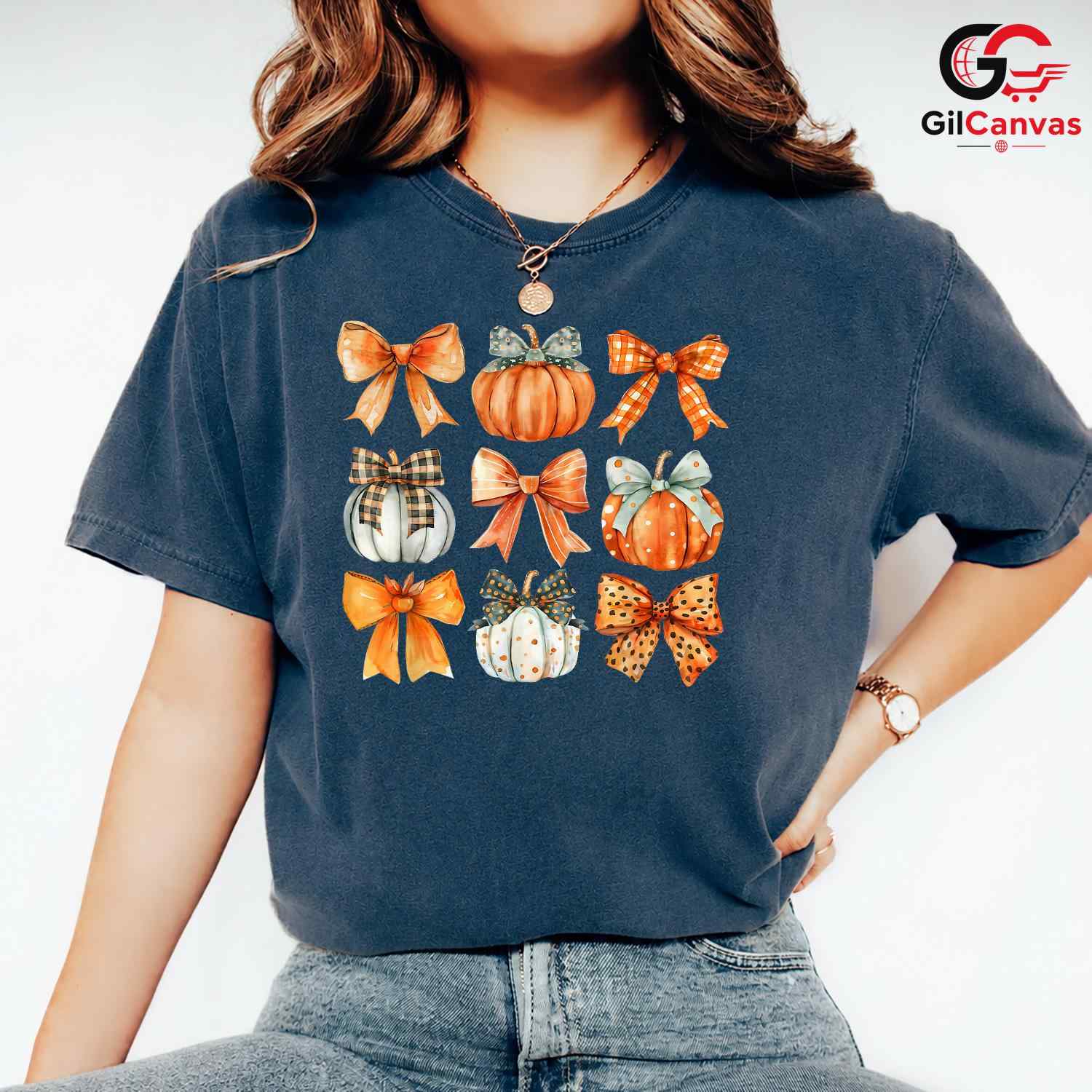 Cute Autumn Pumpkin Bow Fall T-Shirt Unisex Thanksgiving Plaid Harvest Gift