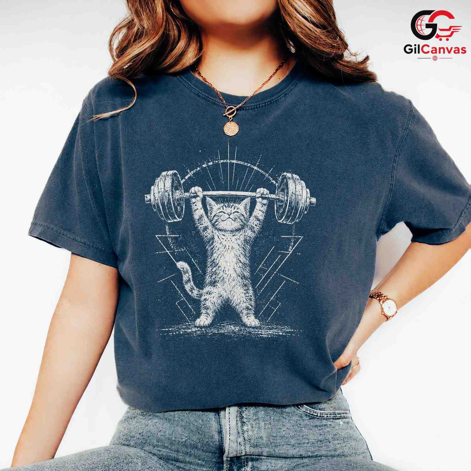 Cute Cat Barbell Workout T-Shirt Gym Fitness Lover Gift Unisex Graphic Apparel