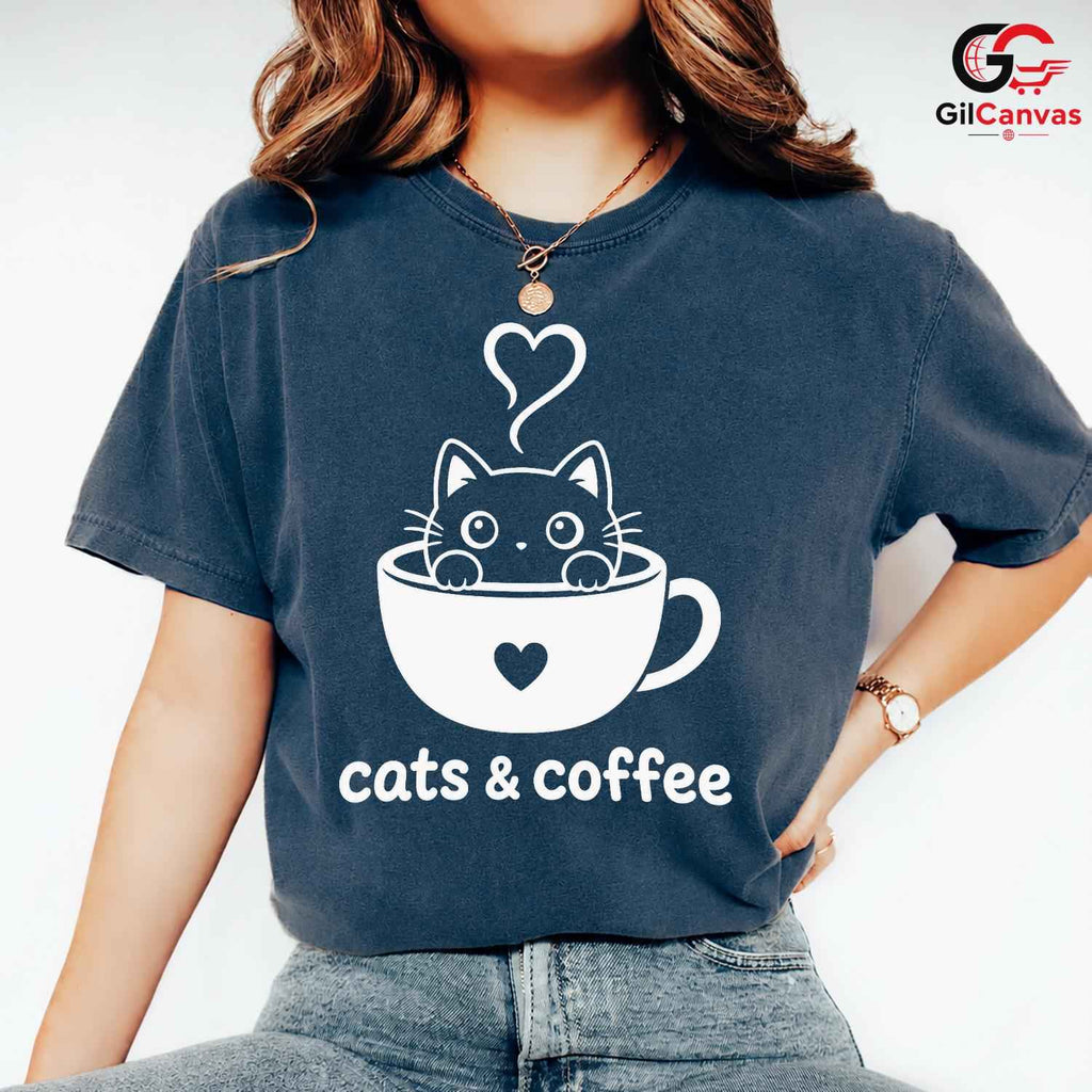 Cute Cat Coffee T-Shirt Feline Lover Perfect Occasion Custom Graphic Unisex