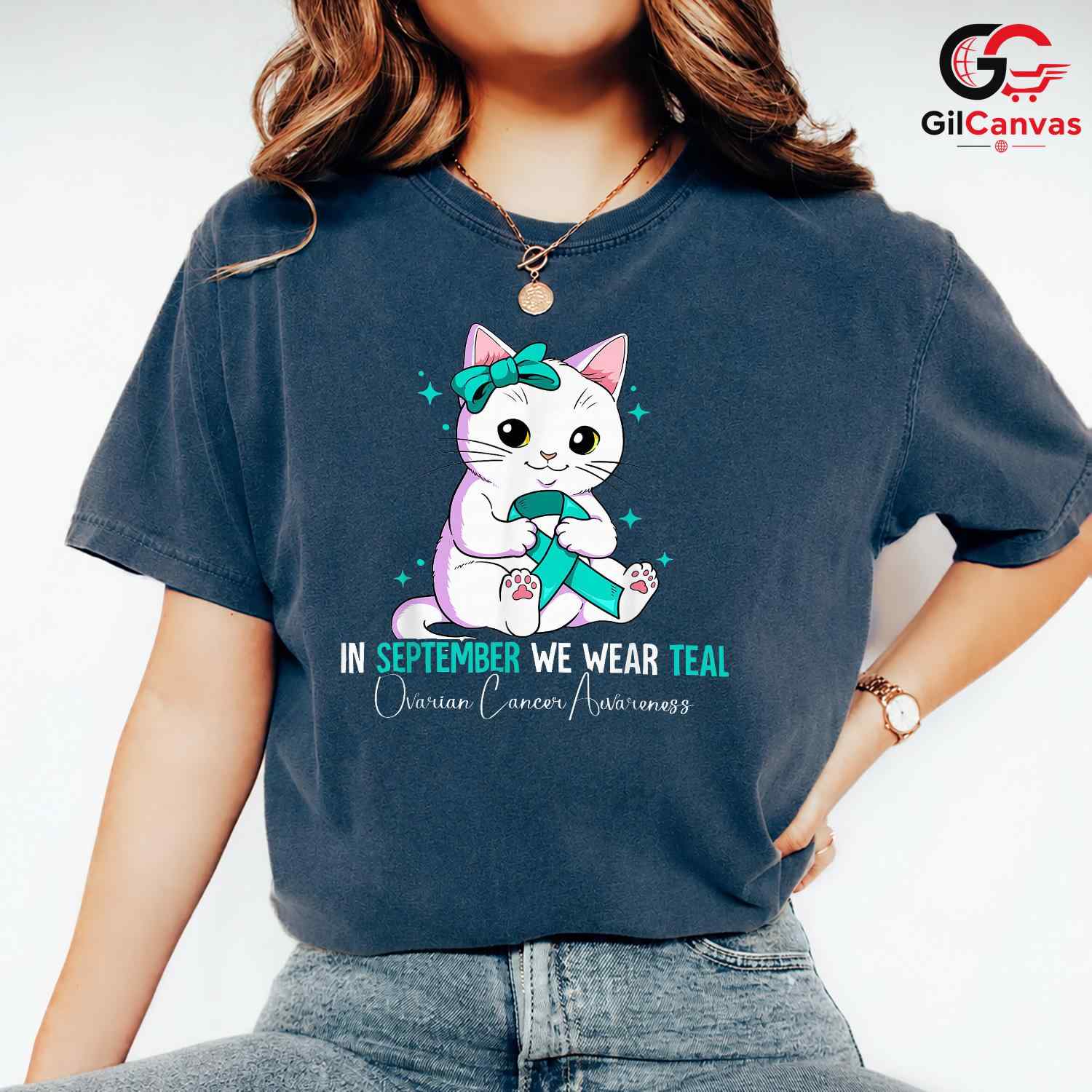 Cute Cat Ovarian Cancer Shirt Unisex September Awareness Ribbon Gift For All