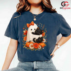Cute Ghost And Cat Tee Shirt Unisex Fun Spooky Halloween Gift Idea For Kids