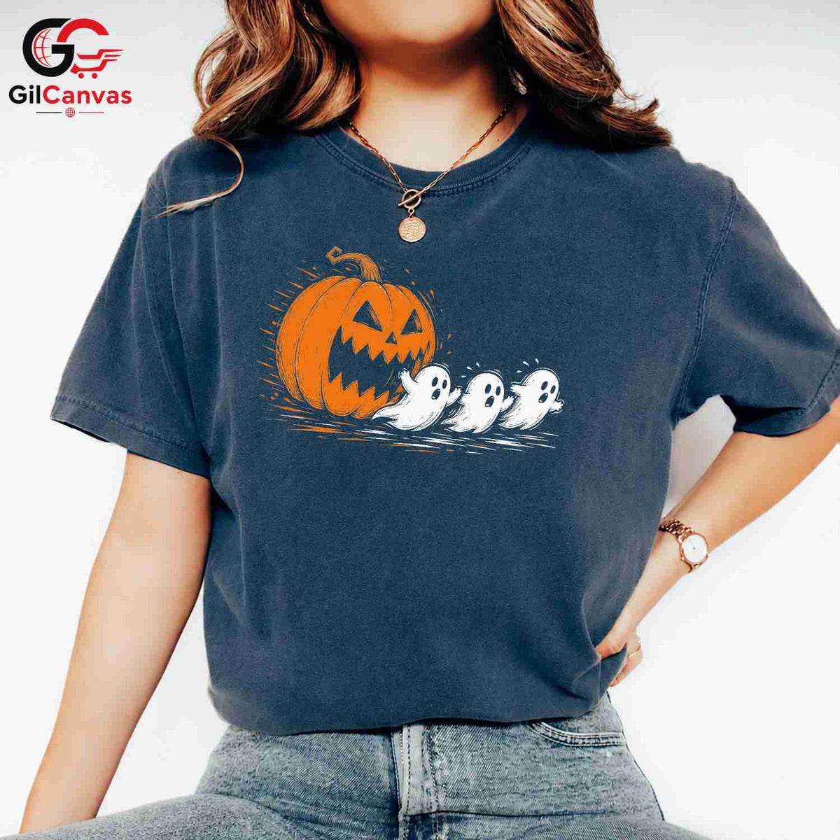 Cute Ghost Pumpkin T-Shirt Halloween Perfect Kids Fun Graphic Tee Boys Girls