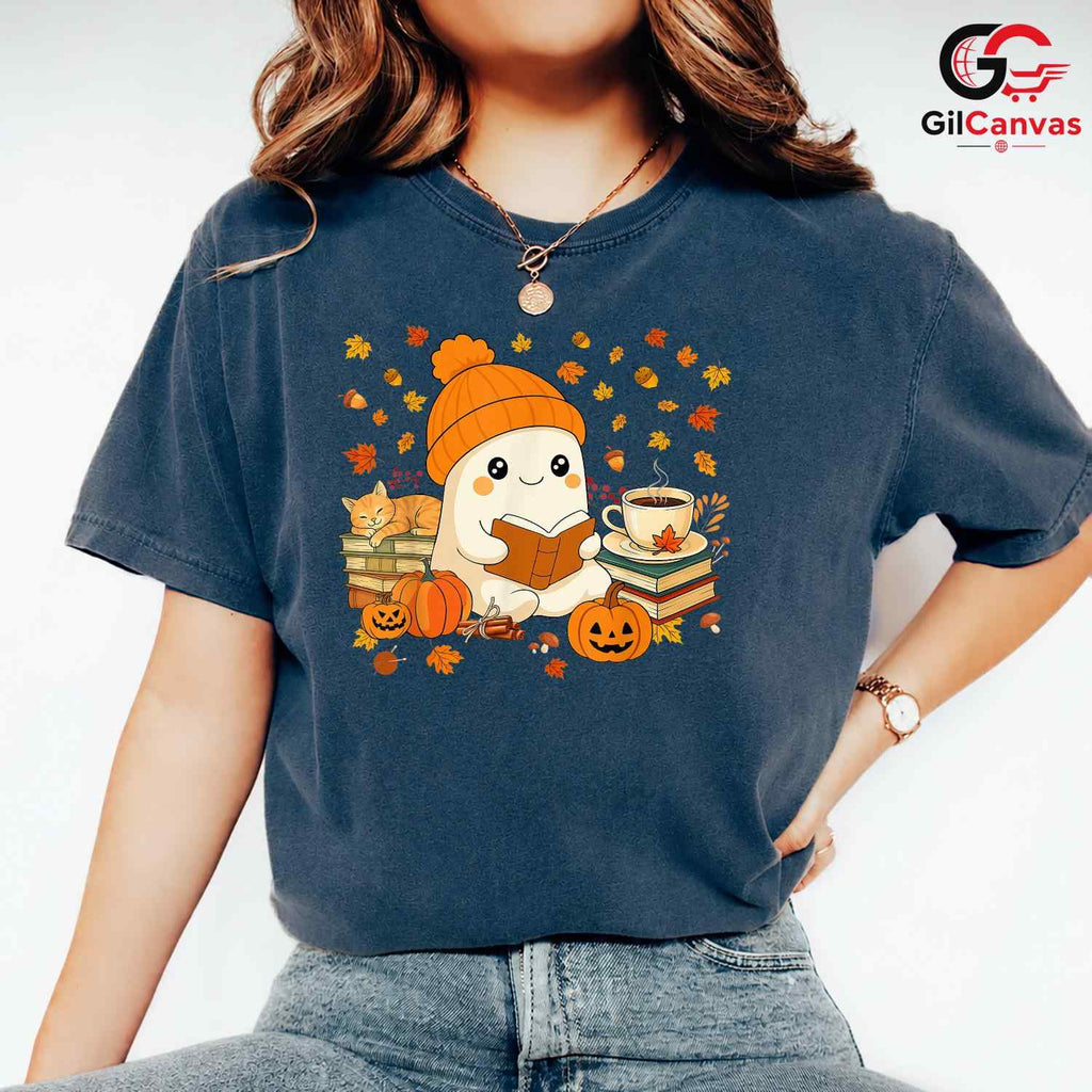 Cute Ghost Reading T-Shirt Unisex Spooky Halloween Book Gift Kids And Teens