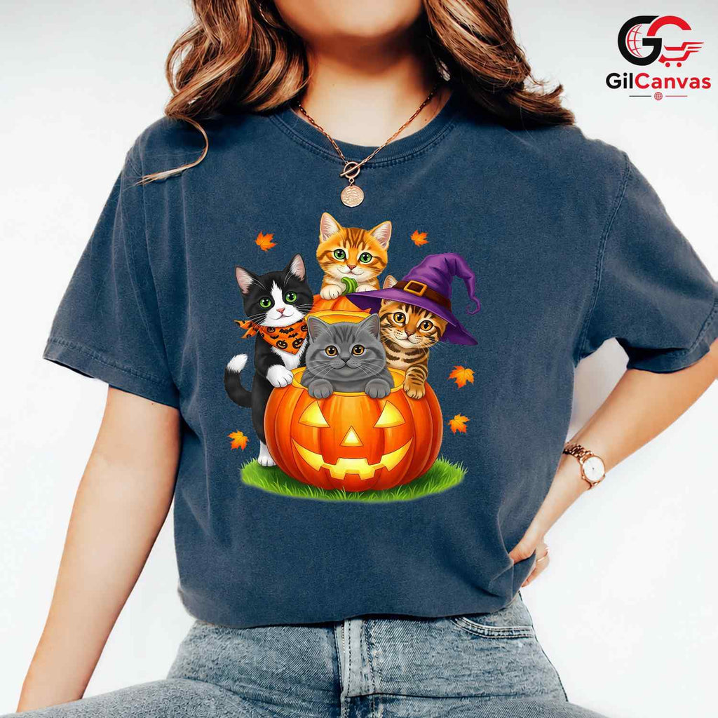Cute Kitten Pumpkin Tee Shirt Unisex Fun Halloween Cat Lover Gift For Kids