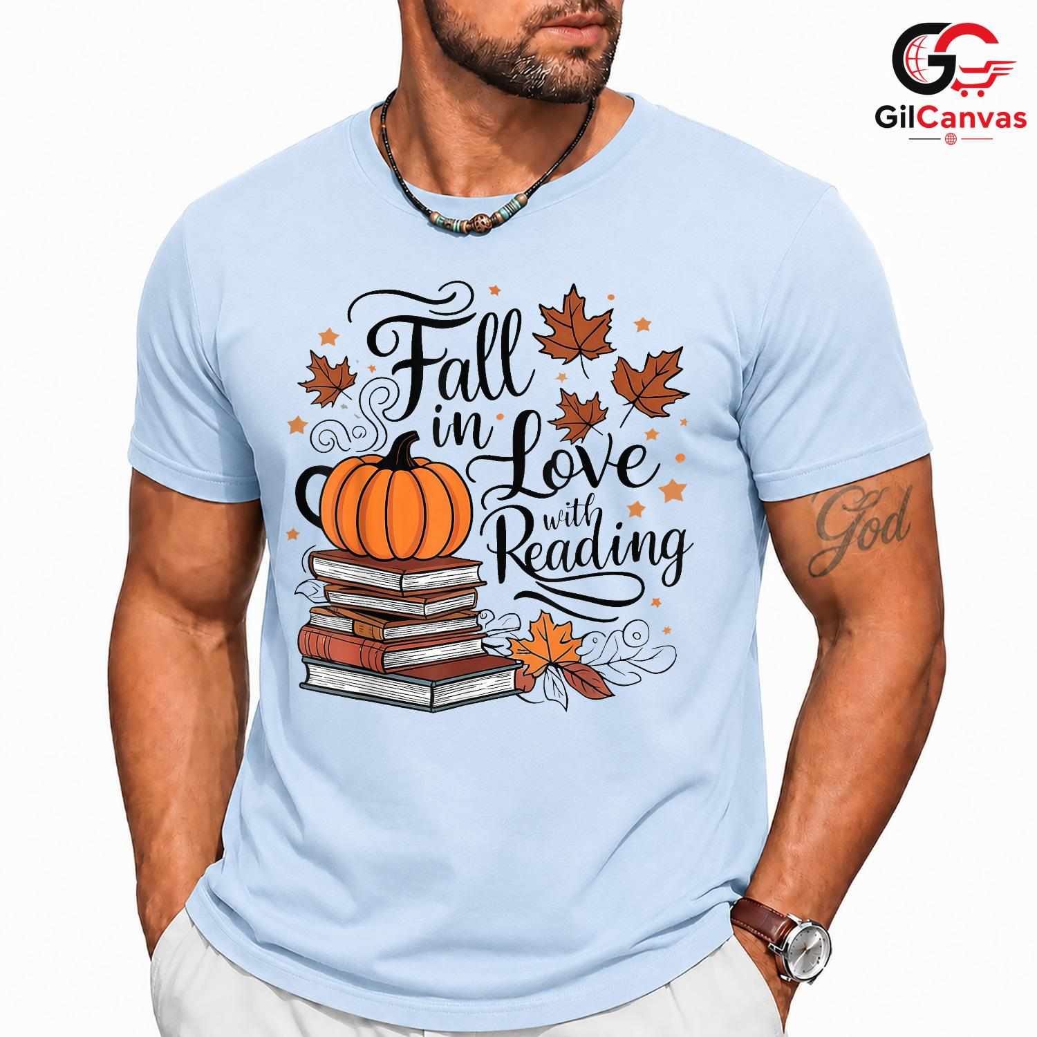 Fall In Love Reading Book Tee Unisex Cute Pumpkin Autumn Gift For Readers