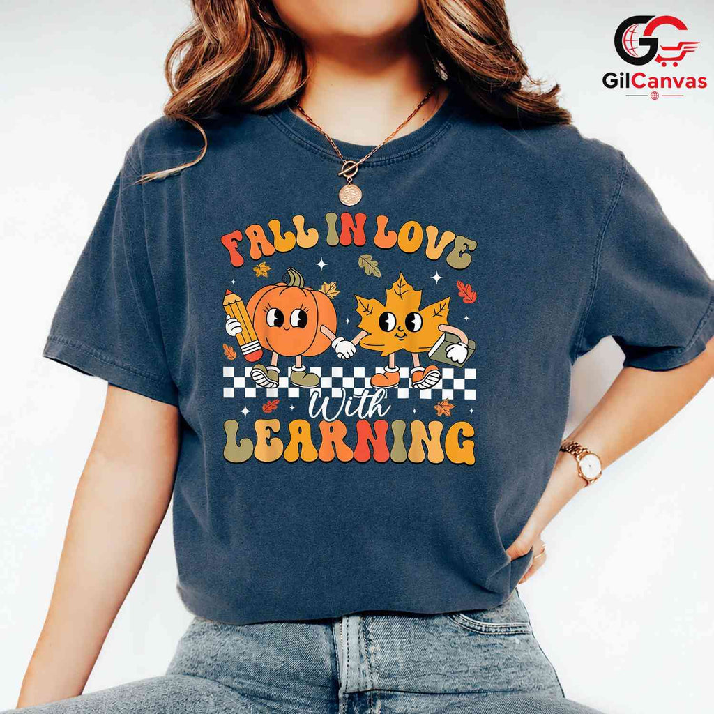 Fall In Love With Learning Tee Unisex Cute Pumpkin Leaf Gift For Kids Youth